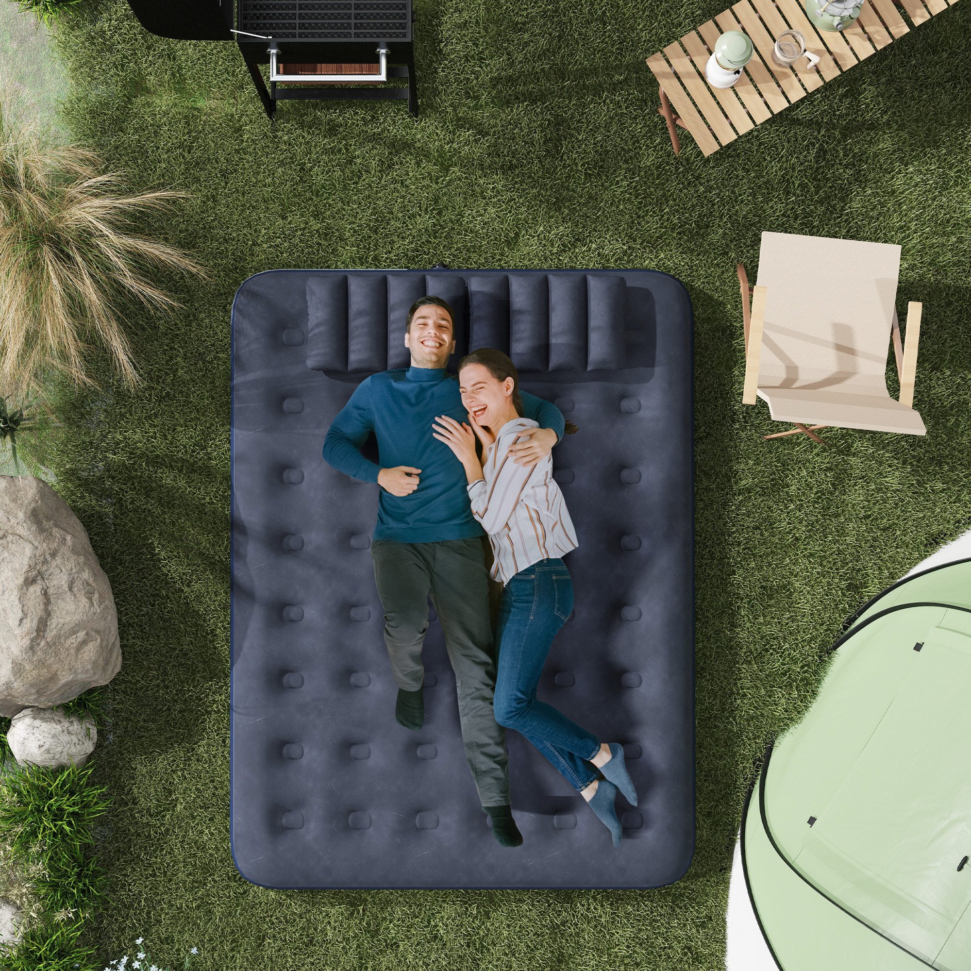 Outsunny Luftmatratze Isomatte mit Hand Pumpe Kissen Aufblasbare Matratze, (Campingbett, 1-St., Luftbett), für 2 Personen, Blau, 203 x 152 x 22 cm
