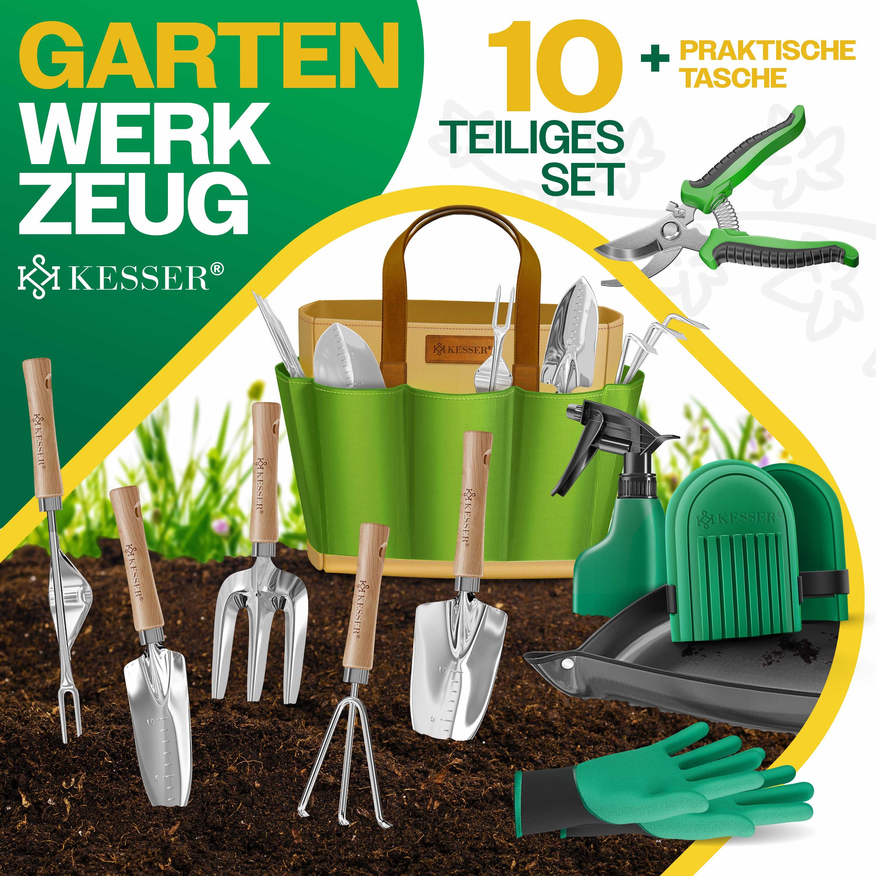 KESSER Gartenpflege-Set Gartenwerkzeug Set 10-teilig Gartengeräte mit ergonomischen Holzgriff, Handschaufel, Handgabel, Unkrautstecher, Handkelle, Handharke & Schere