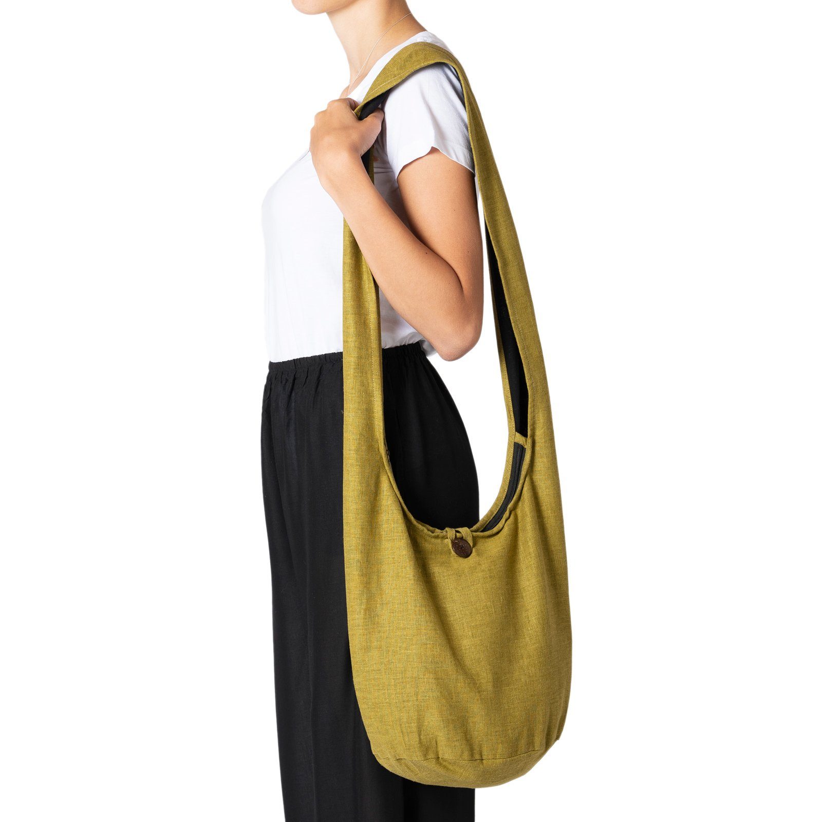 PANASIAM Yogatasche Schulterbeutel einfarbig Schultertasche aus Hanf in 2 Größen, Umhängetasche auch als Wickeltasche Handtasche oder Strandtasche olivengrün