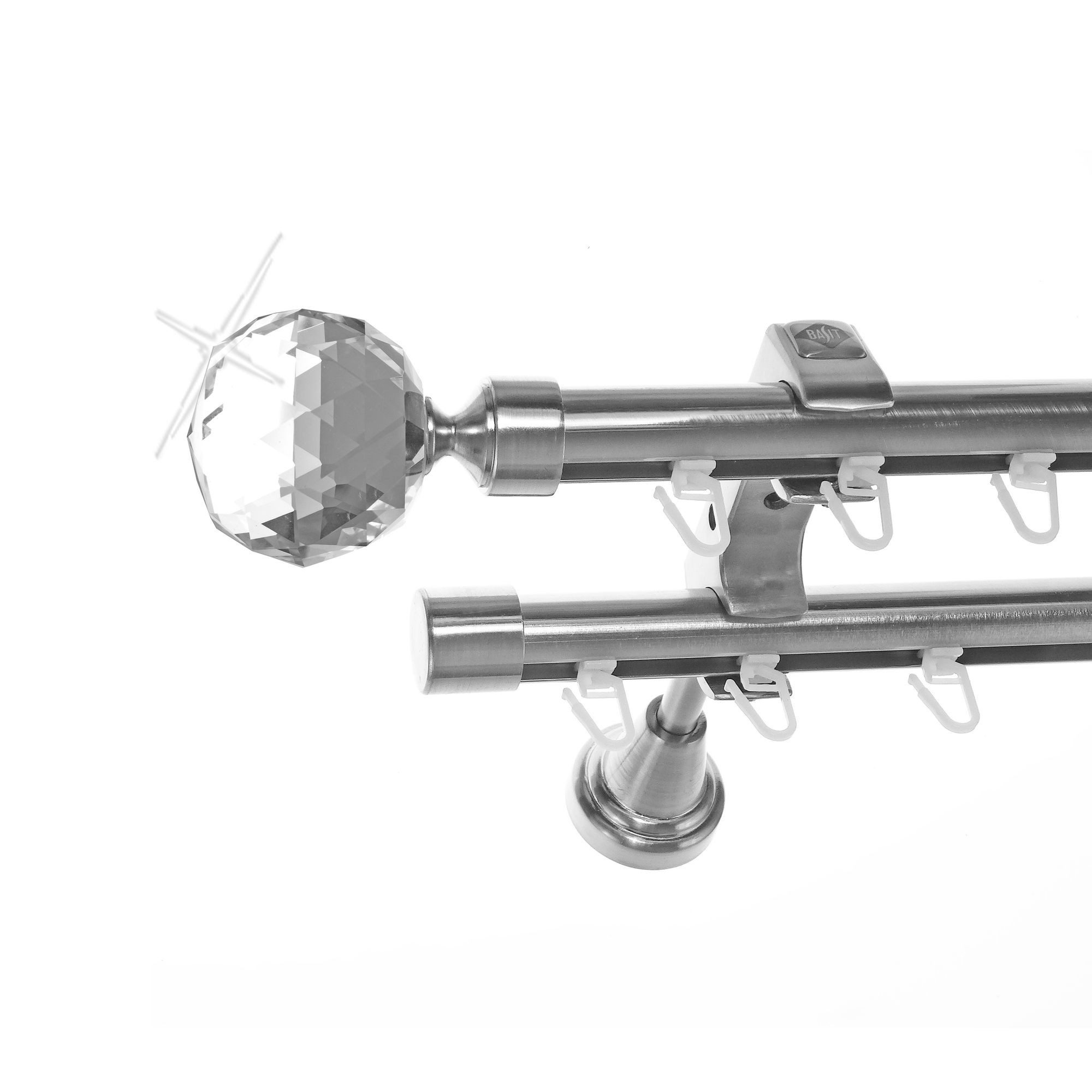 BASIT Gardinenstange Innenlauf Edelstahloptik 20mm mit Wandträgern 160 cm E87, Ø 20 mm, 2-läufig, verschraubt, Aluminium, H60II 160 cm E87 Kristall Kugel