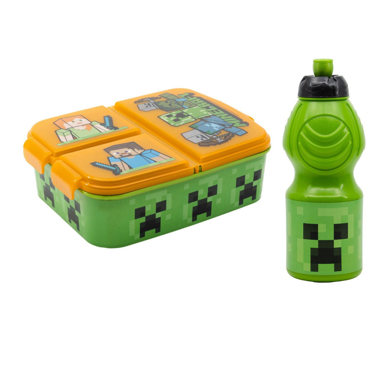 Minecraft Lunchbox Minecraft Kinder 2 tlg. Set 3 Kammern Brotdose Trinkflasche 400ml, (2-tlg., Spar-Set)