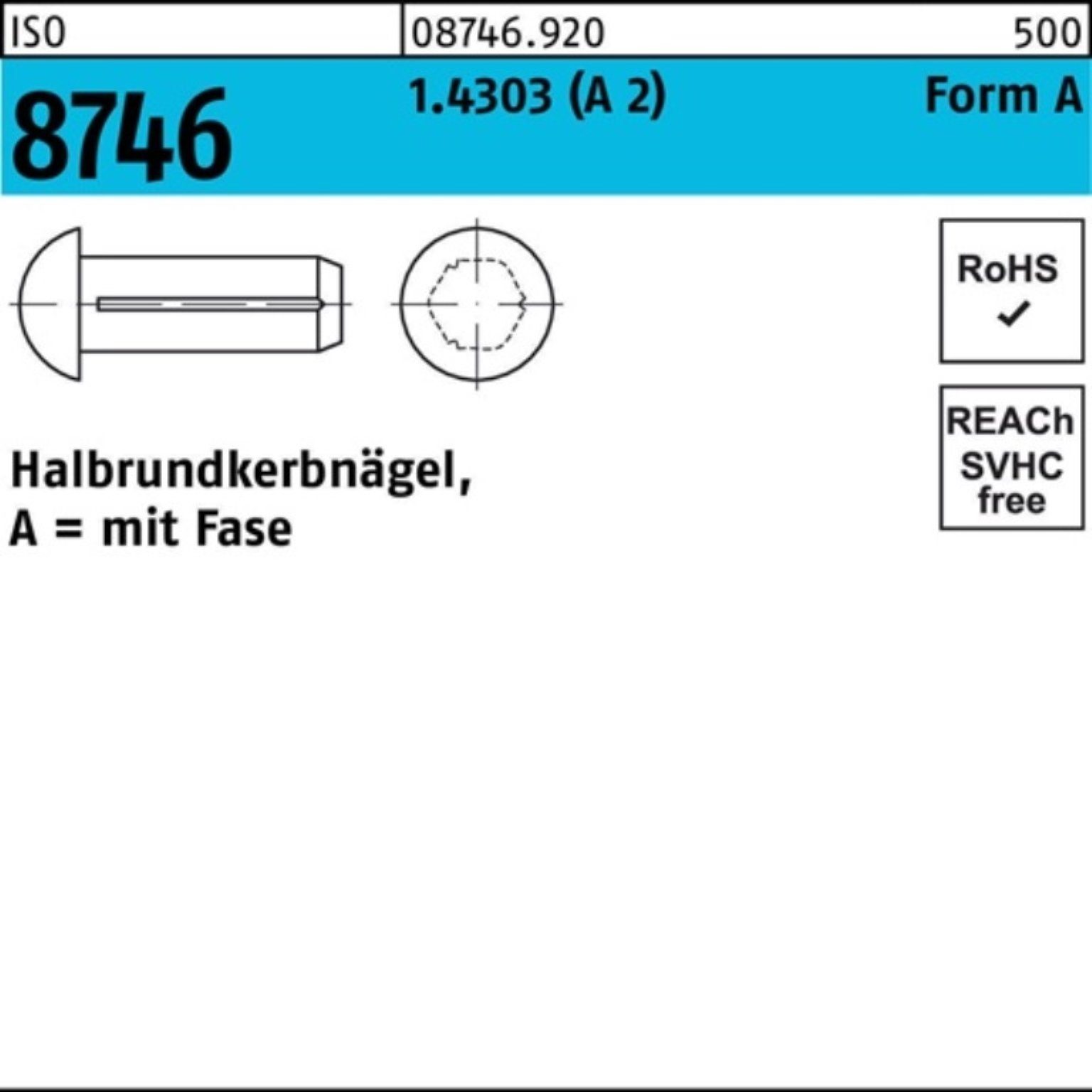 Reyher Nagel 100er Pack Halbrundkerbnagel ISO 8746 Fase 6x 12 1.4303 (A 2) 100 Stü