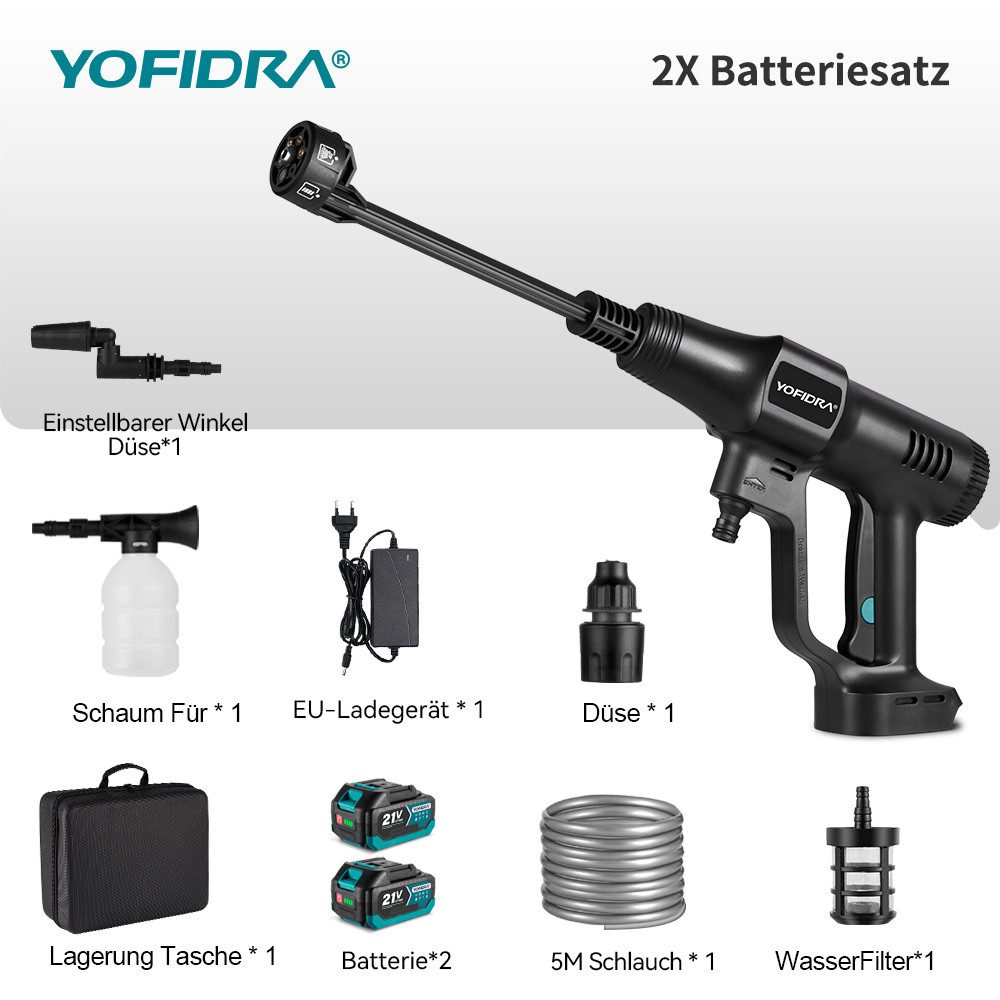 Yofidra Akku-Hochdruckreiniger 70 Bar, 246 l/h,Bürstenlose Tragbarer Hochdruckreiniger, mit 6-IN-1 Düse & 2 Akku,für Auto, Terrasse, Rasen – Bild 3 von 5