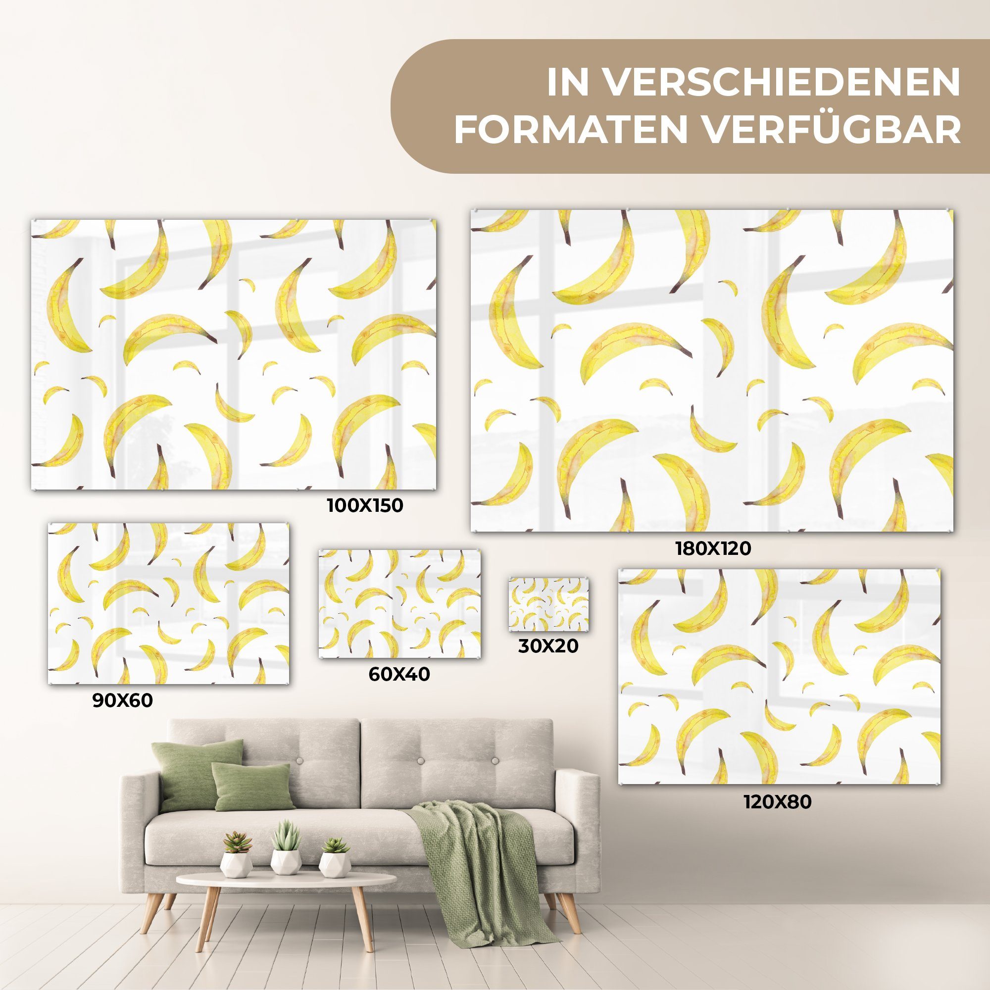 Foto St), Glas - (1 Weiß, Wanddekoration Obst Glas Bilder - auf Bananen - Glasbilder Wandbild MuchoWow - - auf Acrylglasbild