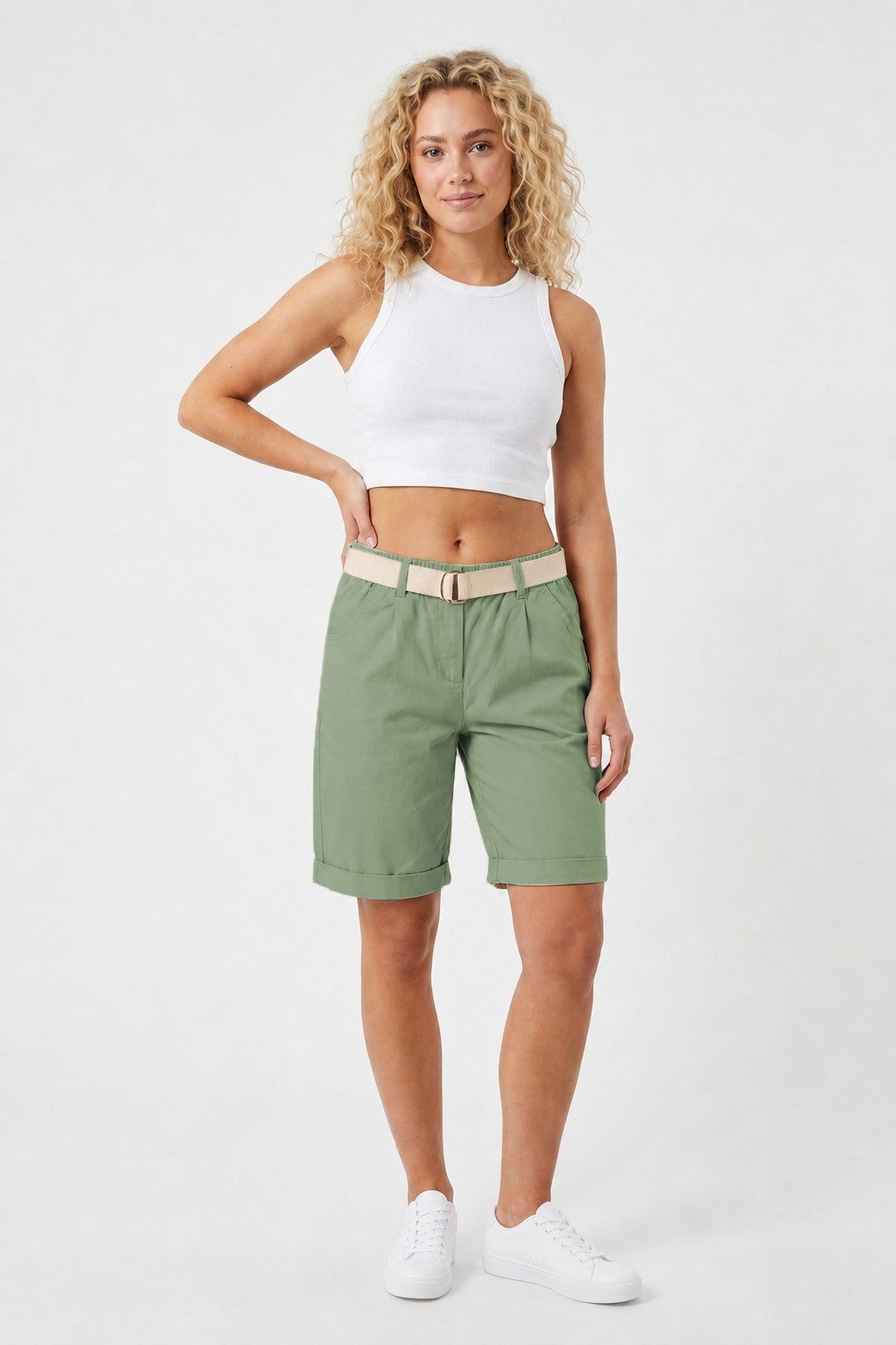 Kendindza Collection Chinoshorts Stretch Kurze Bermuda Shorts Damen Knielang Kurze Hose Damen Sommer Gummibund, Weiches Material, Loose Fit, weiter geschnitten