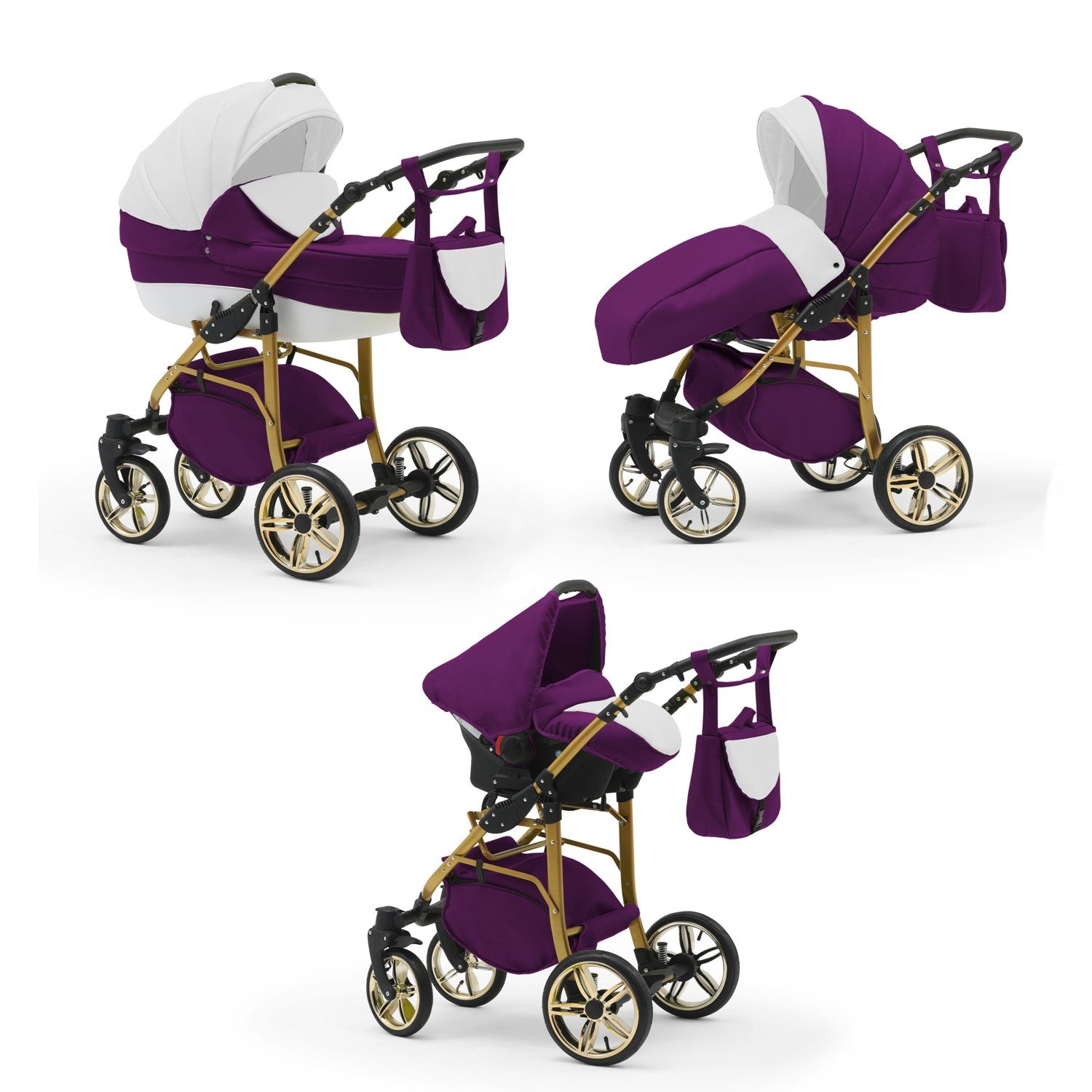babies-on-wheels Kombi-Kinderwagen 3 in 1 Kinderwagen-Set Cosmo ECO Gold - 16 Teile - in 46 Farben Weiß-Lila-Weiß