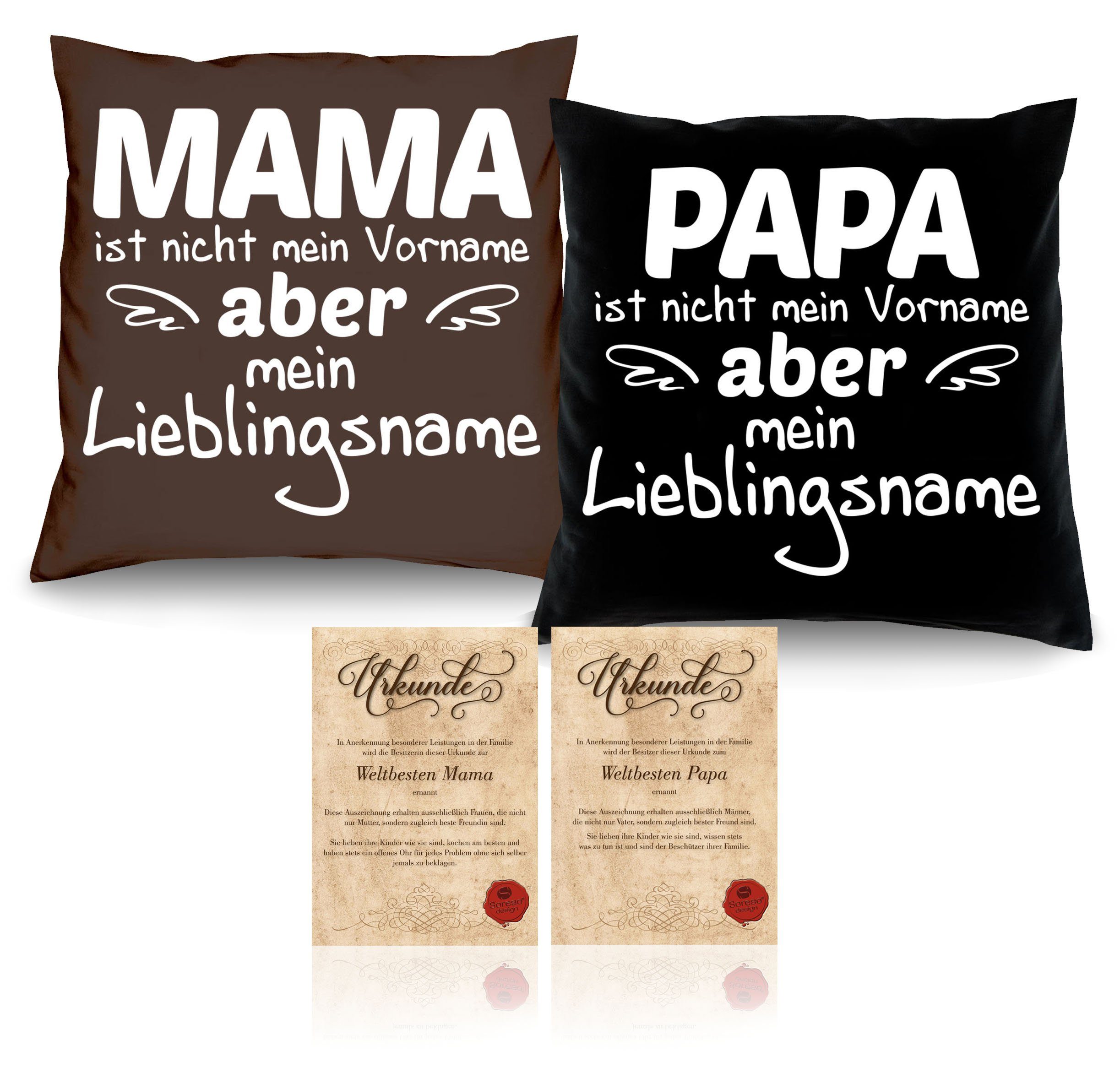 mit Kissen-Set schwarz Papa Dekokissen Geschenk Lieblingsname Mama Weihnachten Urkunden, Eltern Soreso® Lieblingsname