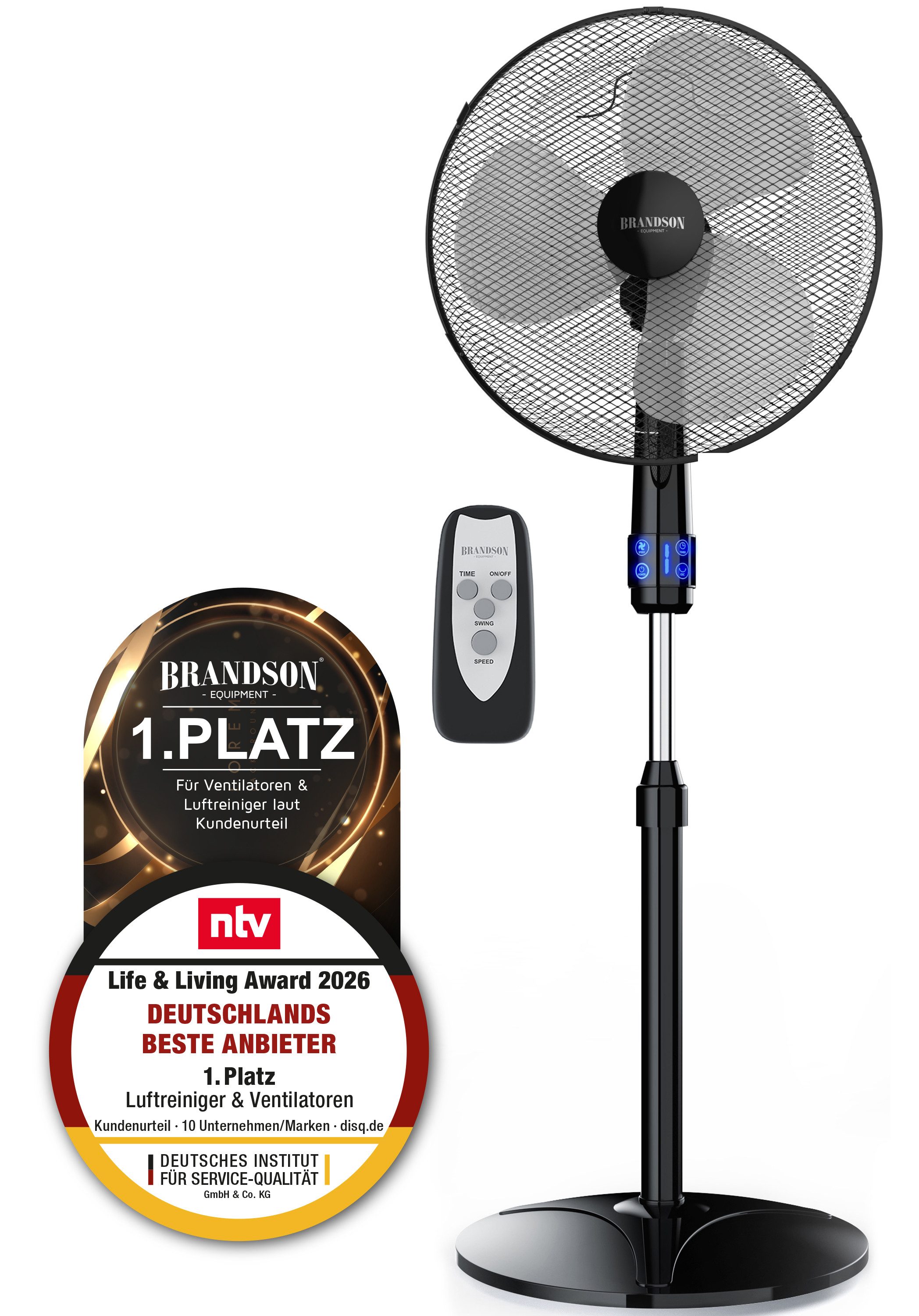 Brandson Standventilator Fernbedienung, leise, Höhe & Neigung verstellbar, NTV Sieger 2026, 40,5 cm Durchmesser, Oszillation, mobiler Lüfter 50W, 3 Geschwindigkeitsstufen, GS-Geprüft