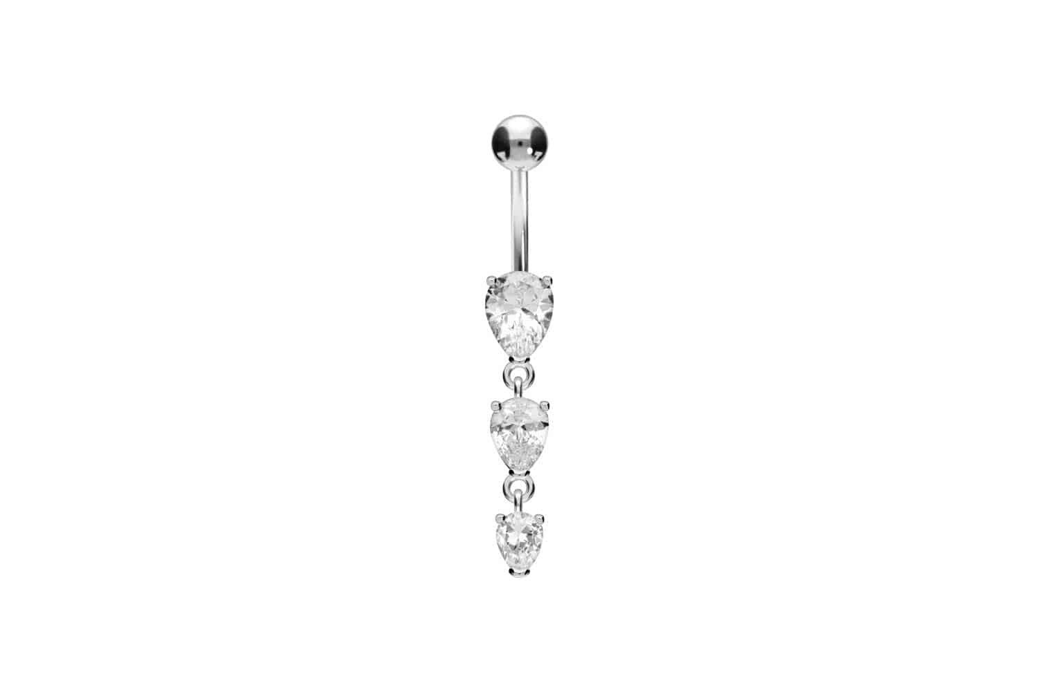 Bauchnabelpiercing Titan Bananabell mit 925er Silber-Design 3 KRISTALLTROPFEN