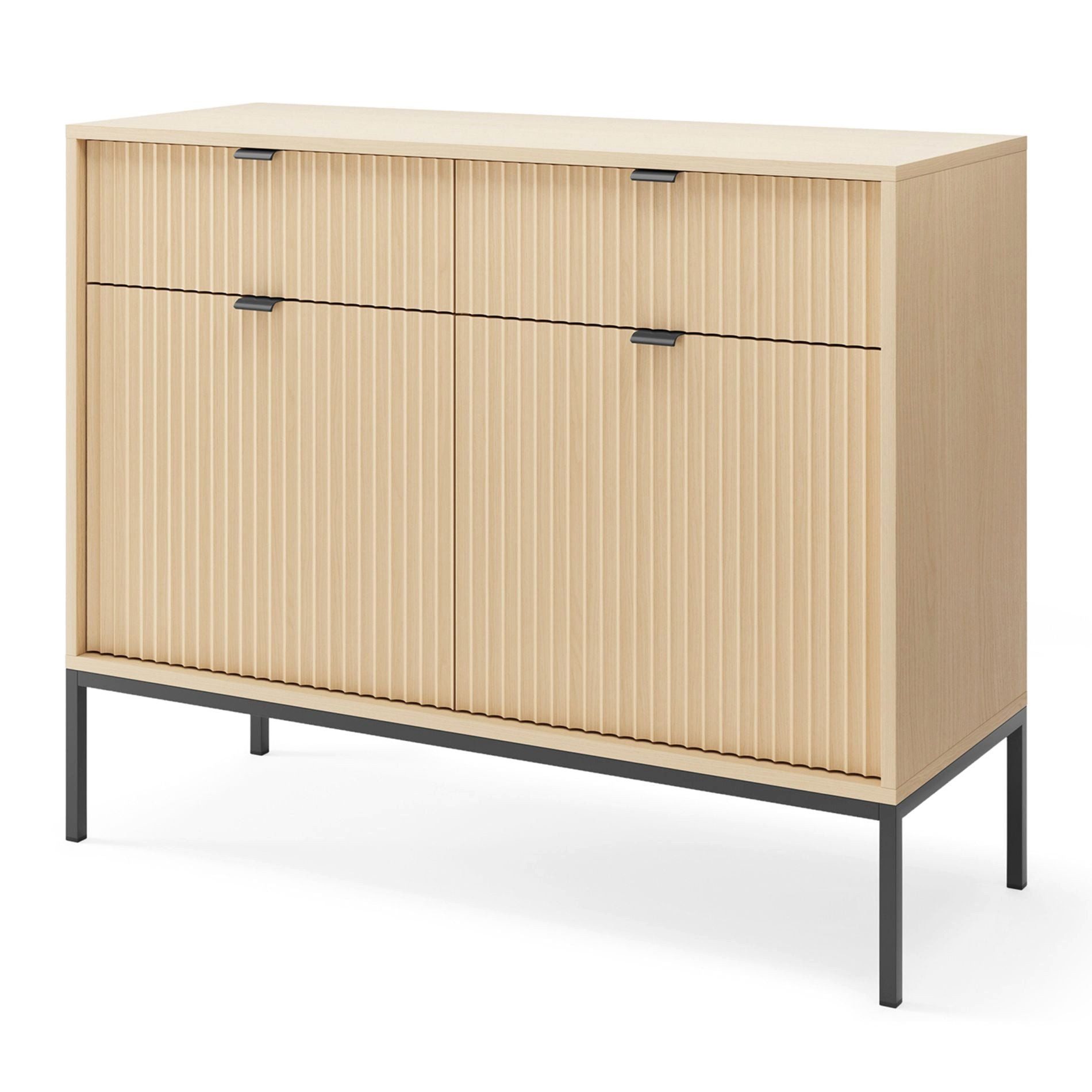 Selsey Sideboard VELLORE, 104 cm, 2 Türen & 2 Schubladen, geriffelte MDF-Fronten, Metallgestell
