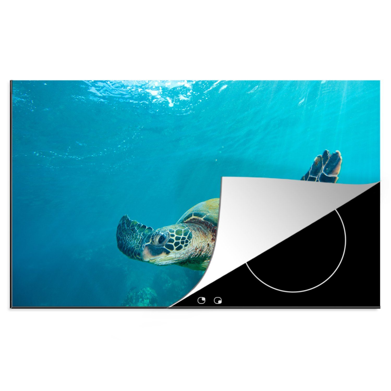 MuchoWow Herdblende-/Abdeckplatte Eine grüne Unterwasser-Schildkröte, Vinyl, (1 tlg), 81x52 cm, Induktionskochfeld Schutz für die küche, Ceranfeldabdeckung
