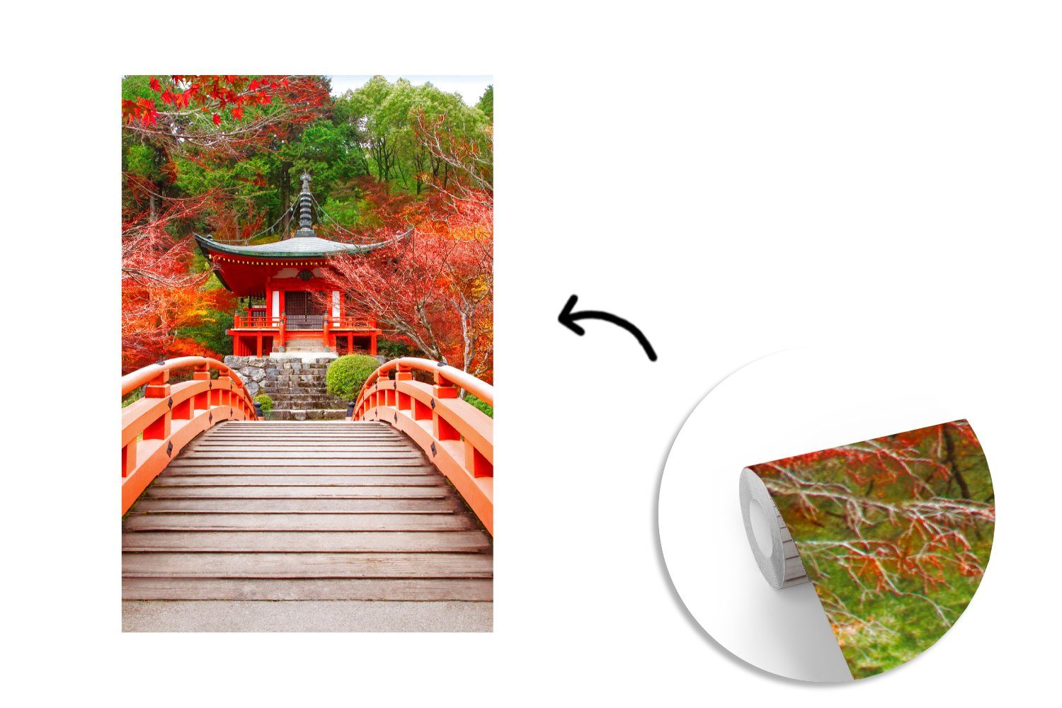 Tapete Japanisch Montagefertig bedruckt, Wandtapete (3 für - Brücke Matt, MuchoWow St), Fototapete Natur, - - Rot Vinyl Wohnzimmer, - Pagode