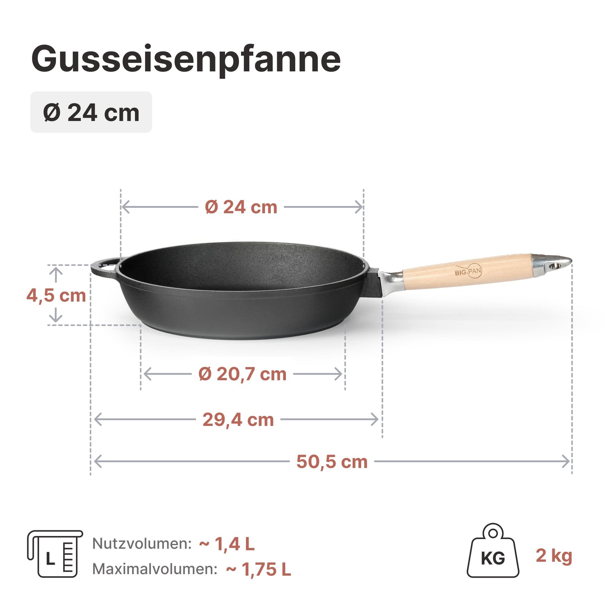 4BIG.fun Bratpfanne Premium tiefe Gusseisenpfanne 24 cm Glasdeckel unbeschichtet robust, Gusseisen (Induktion Eisenpfanne Gusspfanne, Für alle Herdarten geeignet Induktion), Steakpfanne Servierpfanne Cast Iron Pan