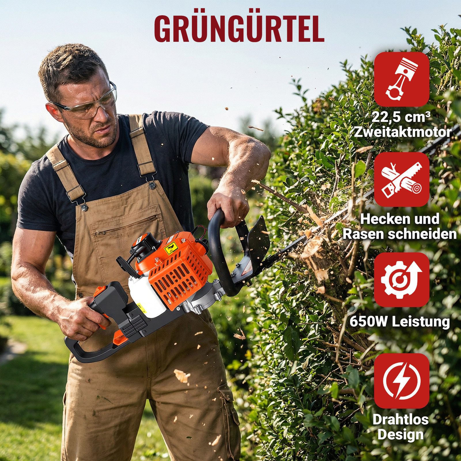 CONENTOOL Benzin-Heckenschere 60 cm Schnittlänge, 22,5 ccm, SK5-Stahl, Vibrationsdämpfung, für Hecken & Sträucher
