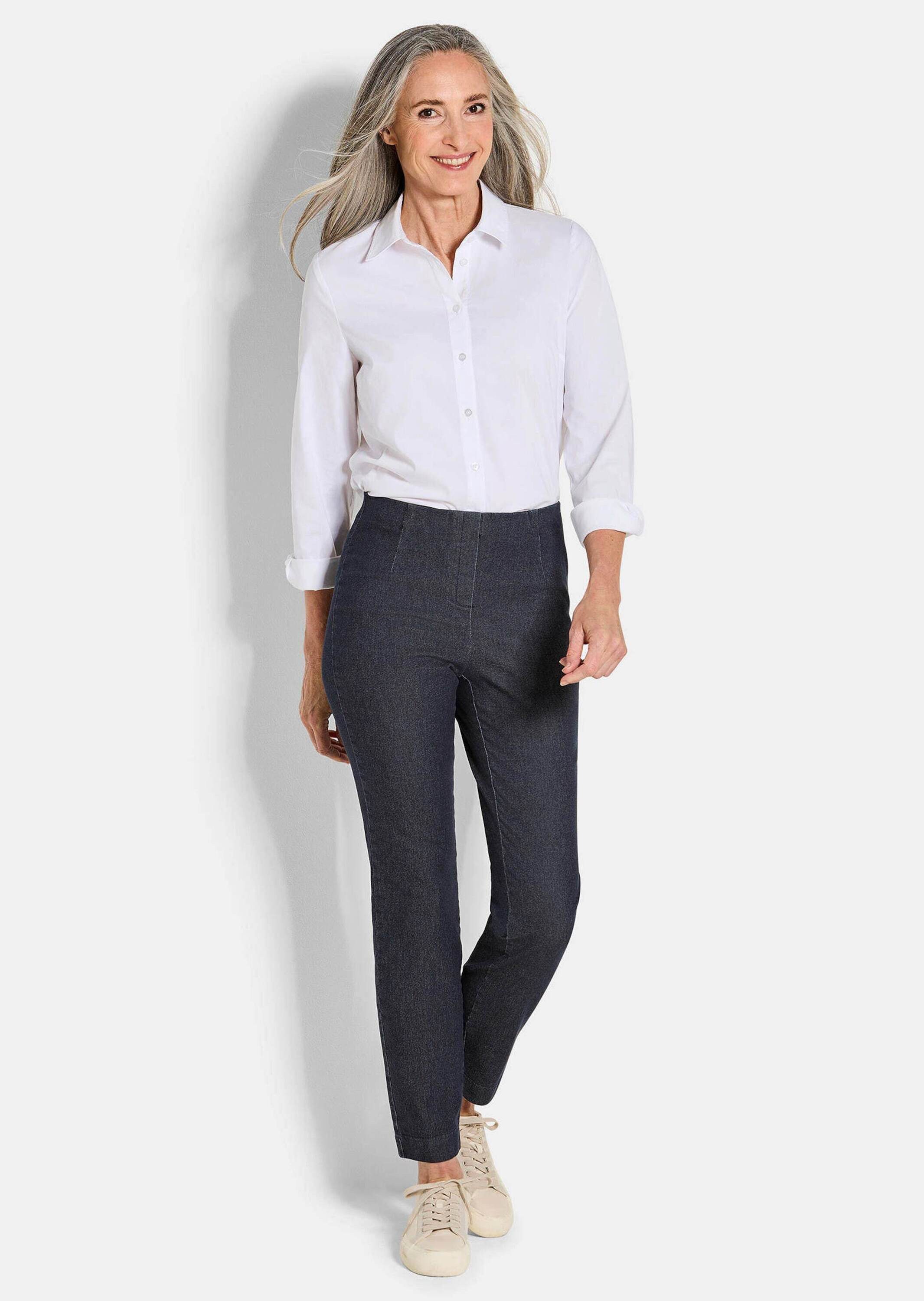 GOLDNER Stoffhose Jerseyhose mit Schlupfbund Stoffhose mit Reißverschluss-Optik und Knöchellänge
