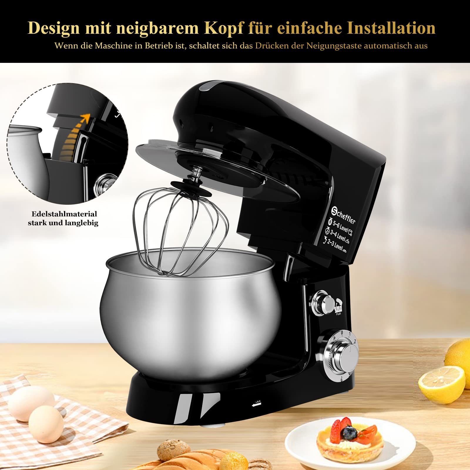 Schwarz 5L Schläger Spritzschutz Rührbesen, Knethaken, Teigmaschine Schüssel, 5,00 Edelstahlschüssel mit mit Scheffler und Geschwindigkeitsstufen, 2000,00 l Knetmaschine W, Küchenmaschine 6