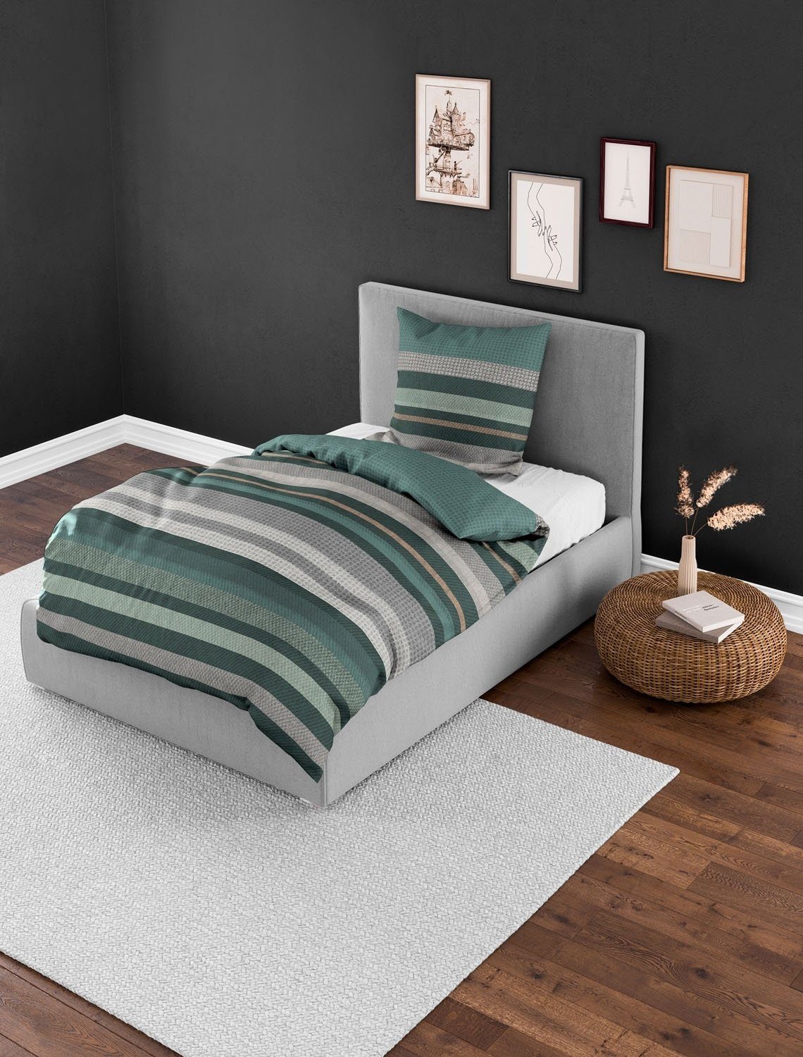 BIERBAUM Bettwäsche Mako-Satin-Bettwäsche YURIEL, Grün, Grau, günstig online kaufen