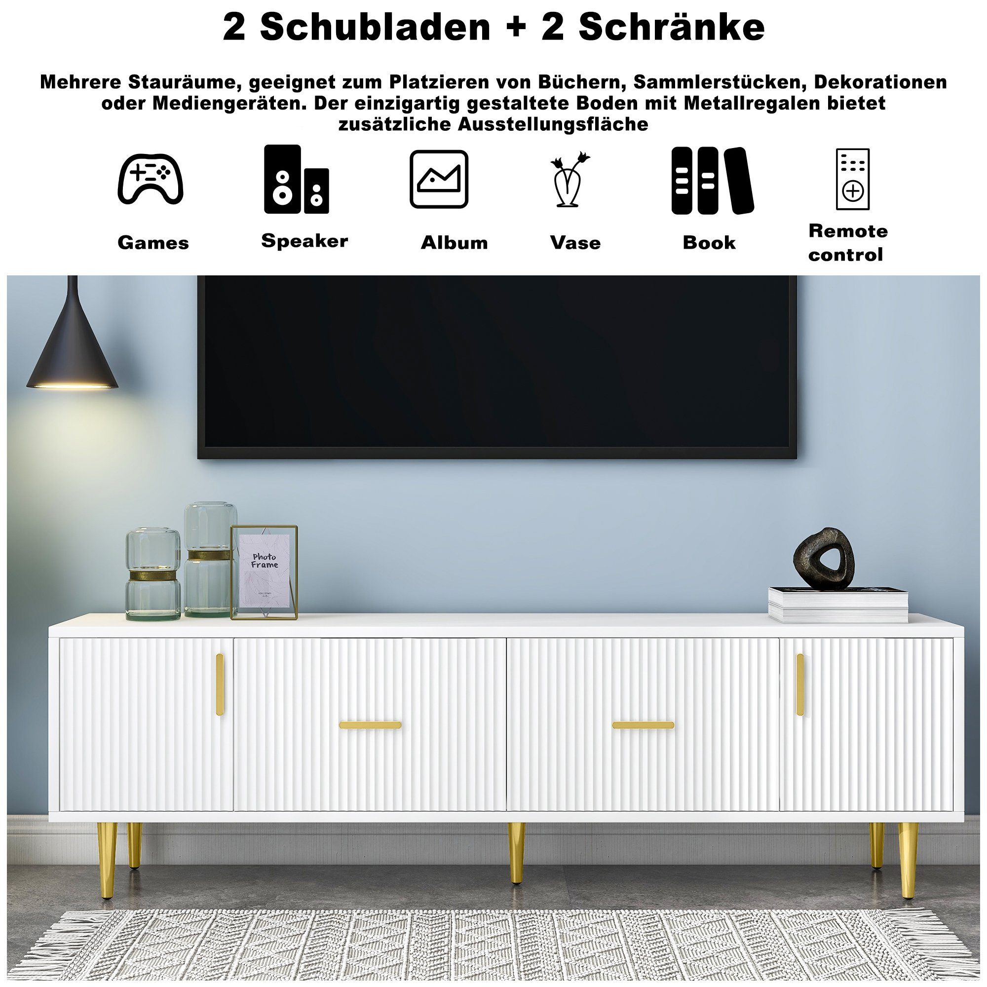 TV-Schrank Schubladen 2 Türen TV-Ständer Griffe Streifen vertikalen goldene Odikalo 2 170