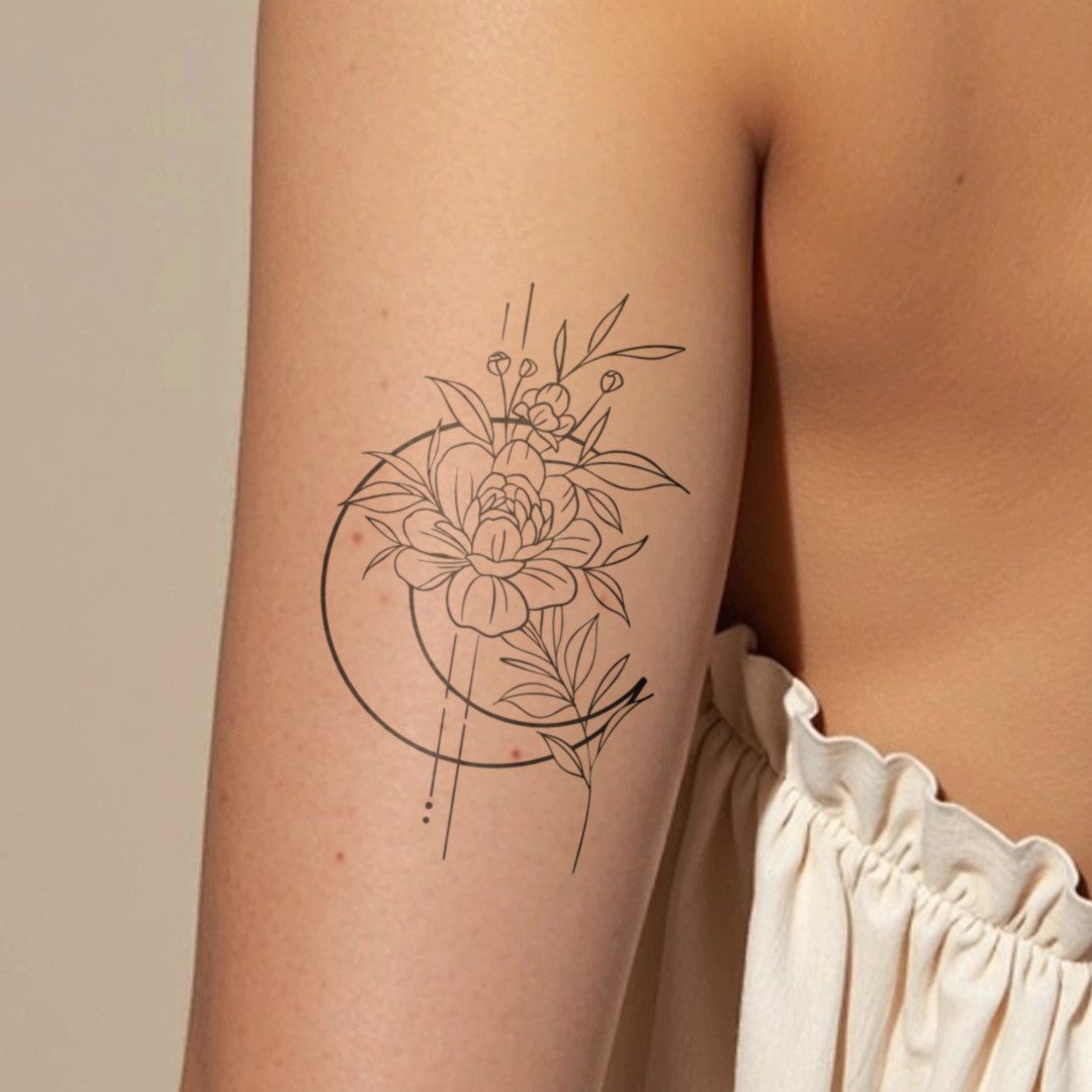 Inkster Schmuck-Tattoo Großer Mond mit Blumen Tattoo, wasserfestes temporäres Tattoo, 2 Wochen Halt