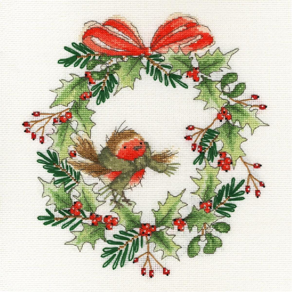 Bothy Threads Kreativset Bothy Threads Kreuzstich-Set "Rotkehlchen Kranz", (embroidery kit by Marussia)