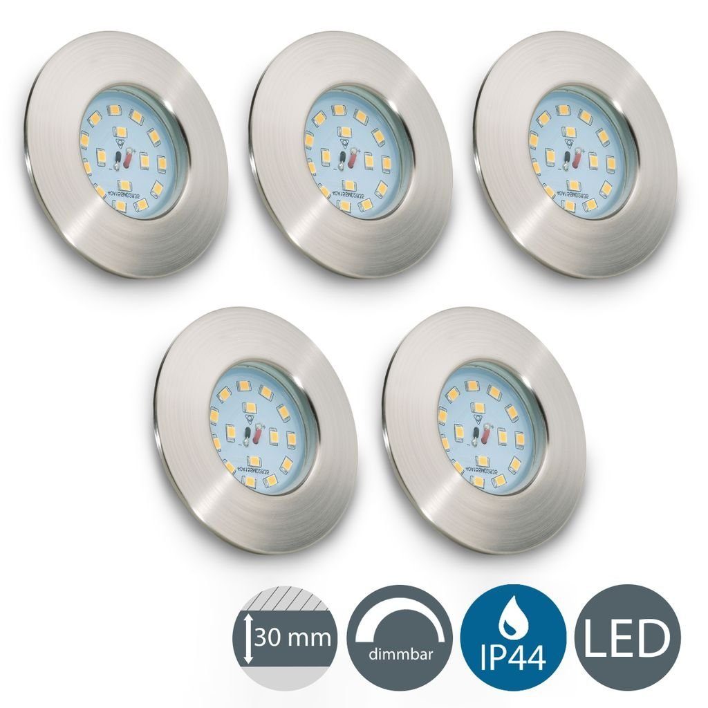 B.K.Licht LED Einbaustrahler 5er SET dimmbar Bad-Einbauleuchten IP44 75mm ultra-flach - 20-04-05-S, LED fest integriert, Warmweiß, 3000K Einbauspots Rund Badezimmer 5,5W 470lm Leuchtmittel matt-Nickel