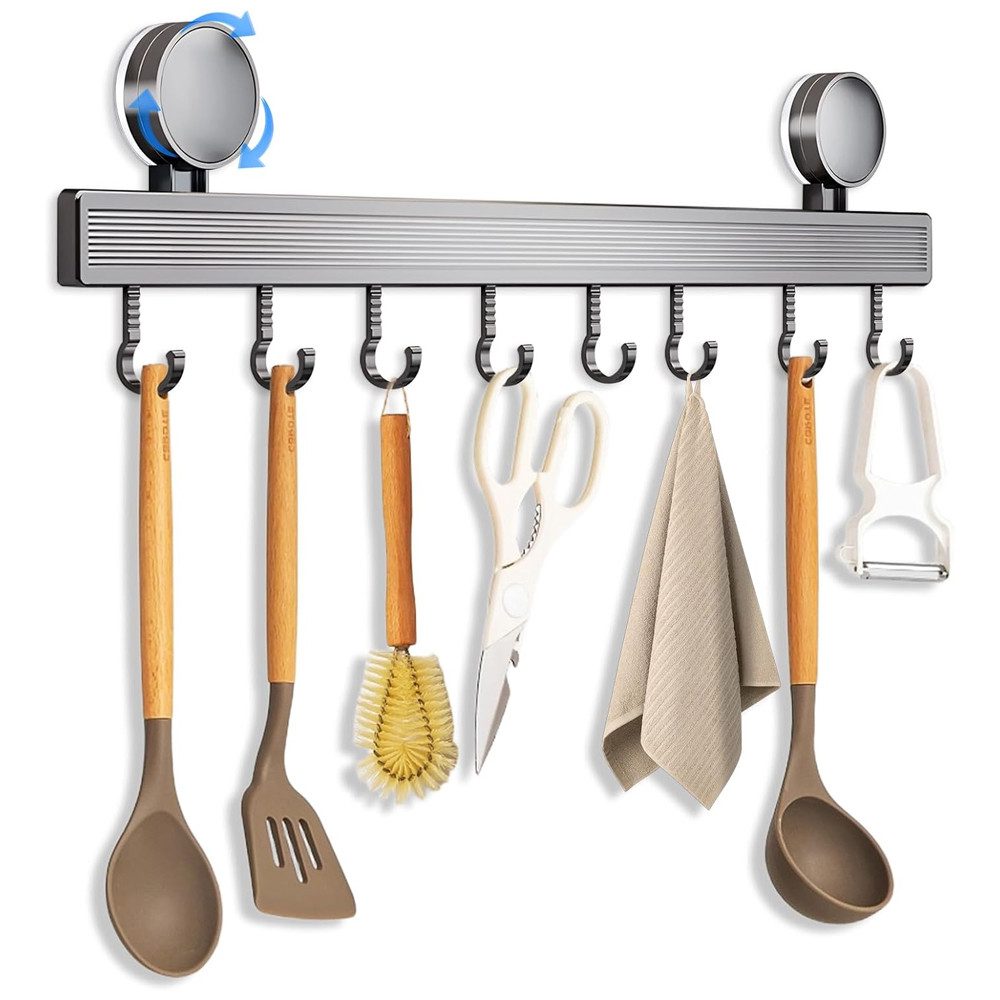 TUWENA Hakenleiste Hakenleiste Küche Ohne Bohren, 40cm Küchenregal mit Saugnapf, 8 Haken, Hohe Tragfähigkeit, Abnehmbare Küchenhaken für Badezimmer Schlafzimmer