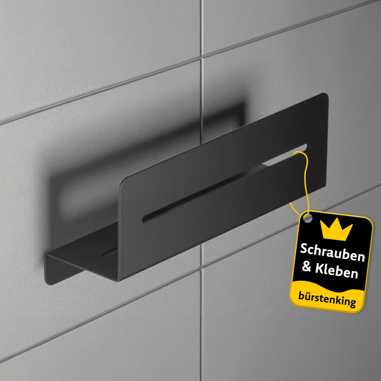 Bürstenking Duschablage ohne Bohren, Schwarz-Matt, Befestigung durch Schrauben oder Kleben, Abnehmbarer Duschkorb, Badorganizer, Duschzubehör