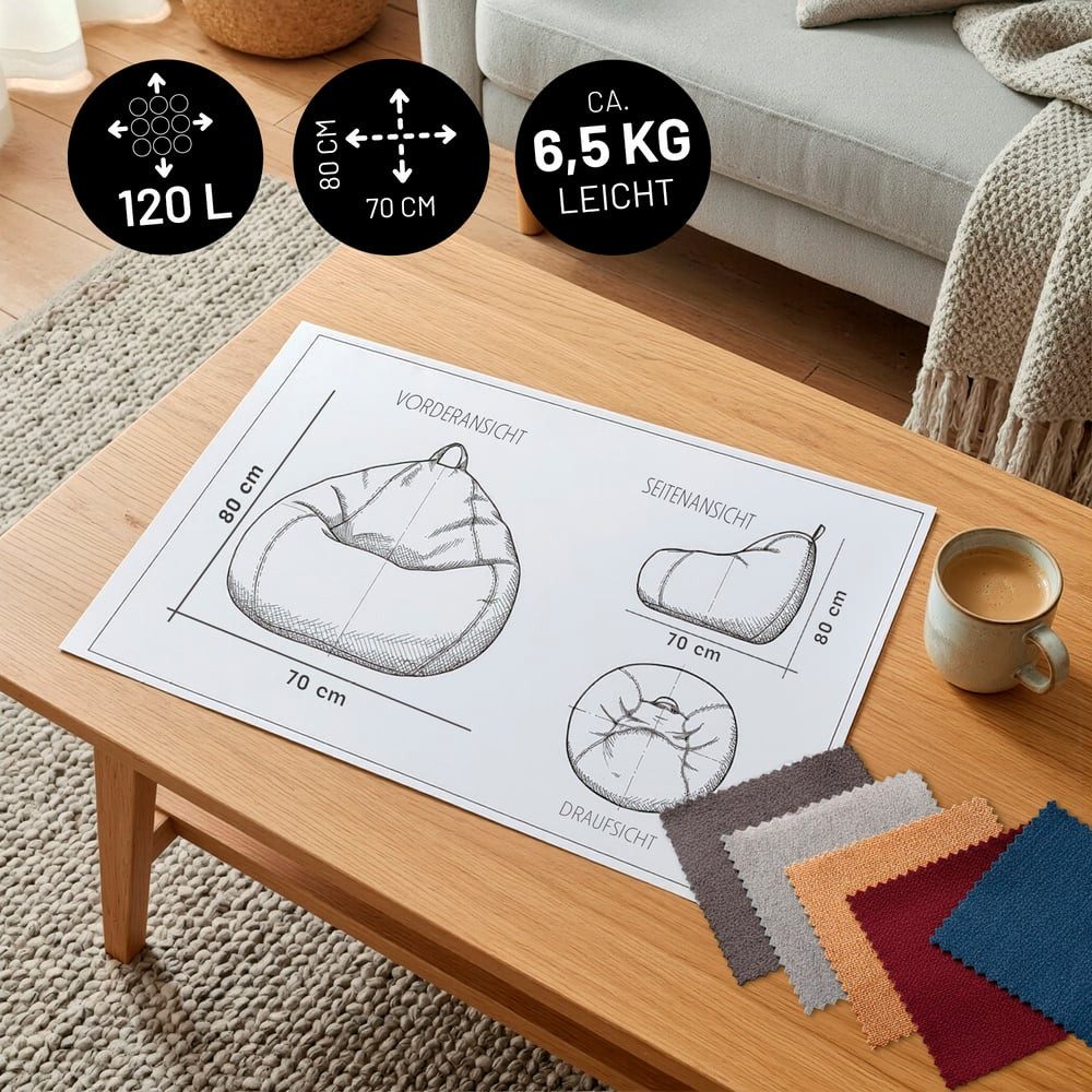 Lumaland Sitzsack LUMALAND Comfort Line Sitzsack M, 120 L - bequemer Indoor Sofa Sessel, Pouf separat erhältlich - Bean Bag mit Füllung - XXL Lounge Sitzkissen