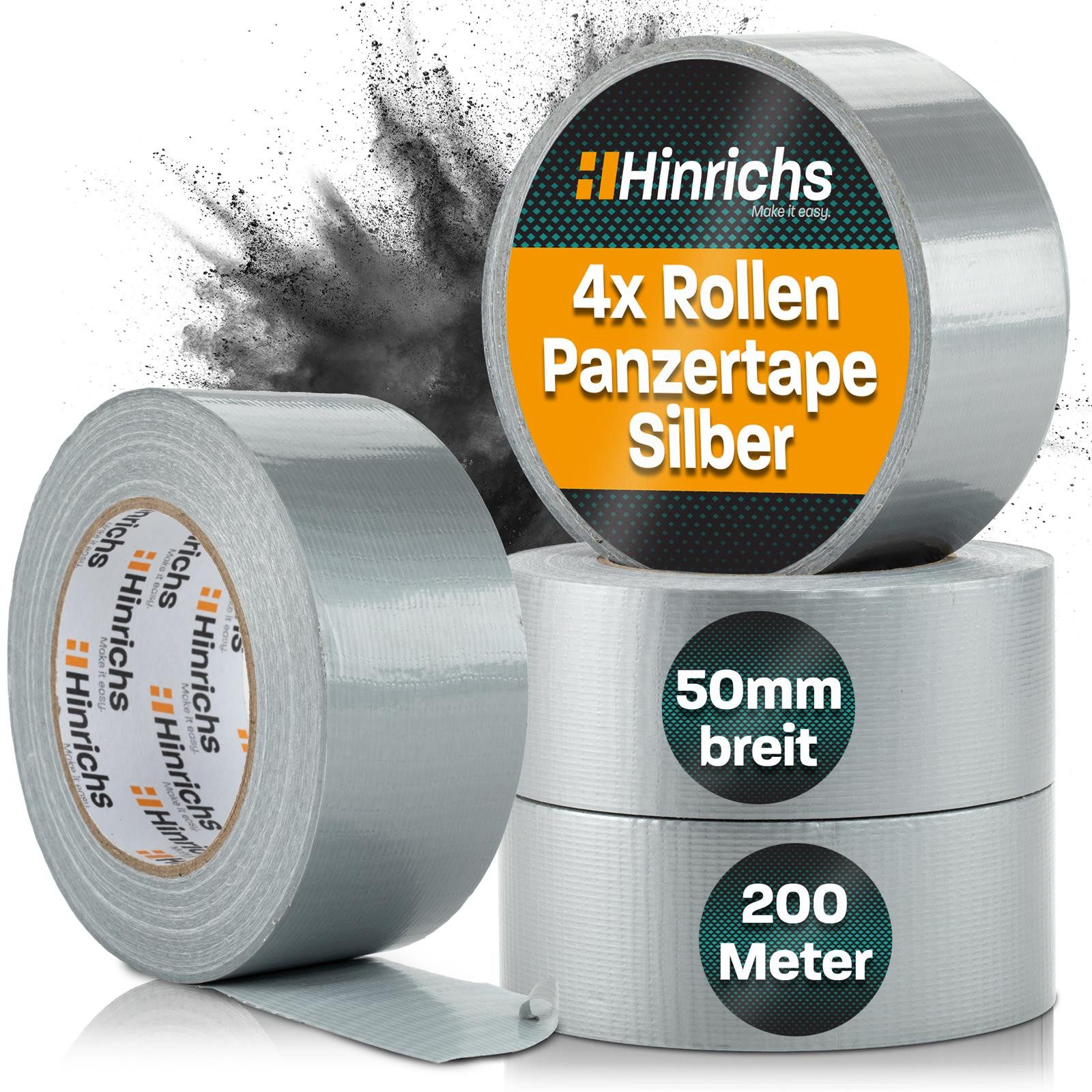 Hinrichs Klebeband Hinrichs 4 Rollen Panzerband silber 50m 50 m x 50 mm plus Cuttermesser