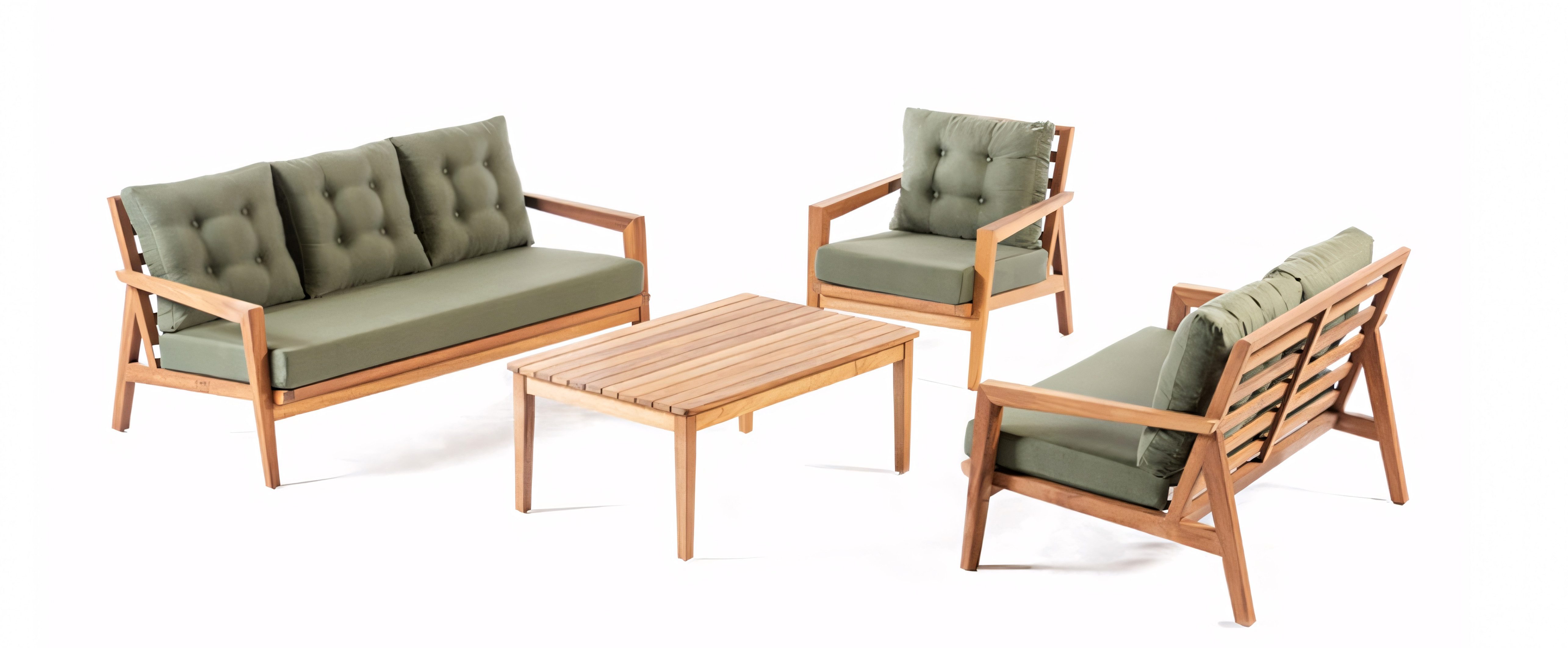 JVmoebel Gartenlounge-Set Gartenmöbel-Set in Grün – Stilvolles Design aus Polyesterstoff, (1-tlg., Sofa 3 Sitzer, Sofa 2 Sitzer, Sessel), Made in Europe