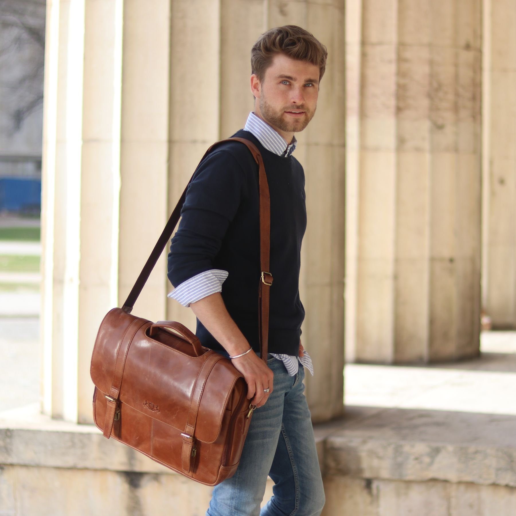 SID & VAIN Messenger Bag echt Leder Aktentasche 15 Zoll Laptop Fach braun, Laptoptasche 15,4 Zoll Echtleder, Businesstasche Herren braun