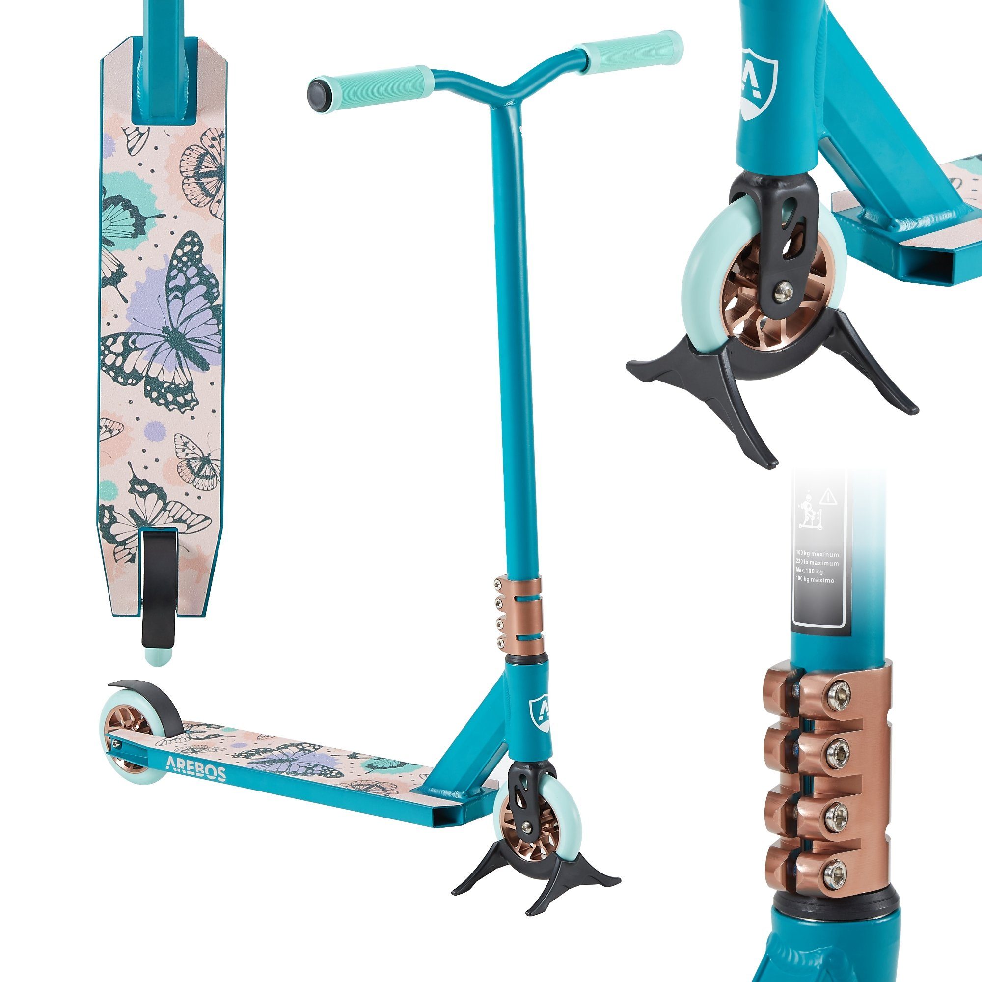 Arebos Stuntscooter Tretroller Kickroller Cityroller, bis 100kg, 360° V-Lenker