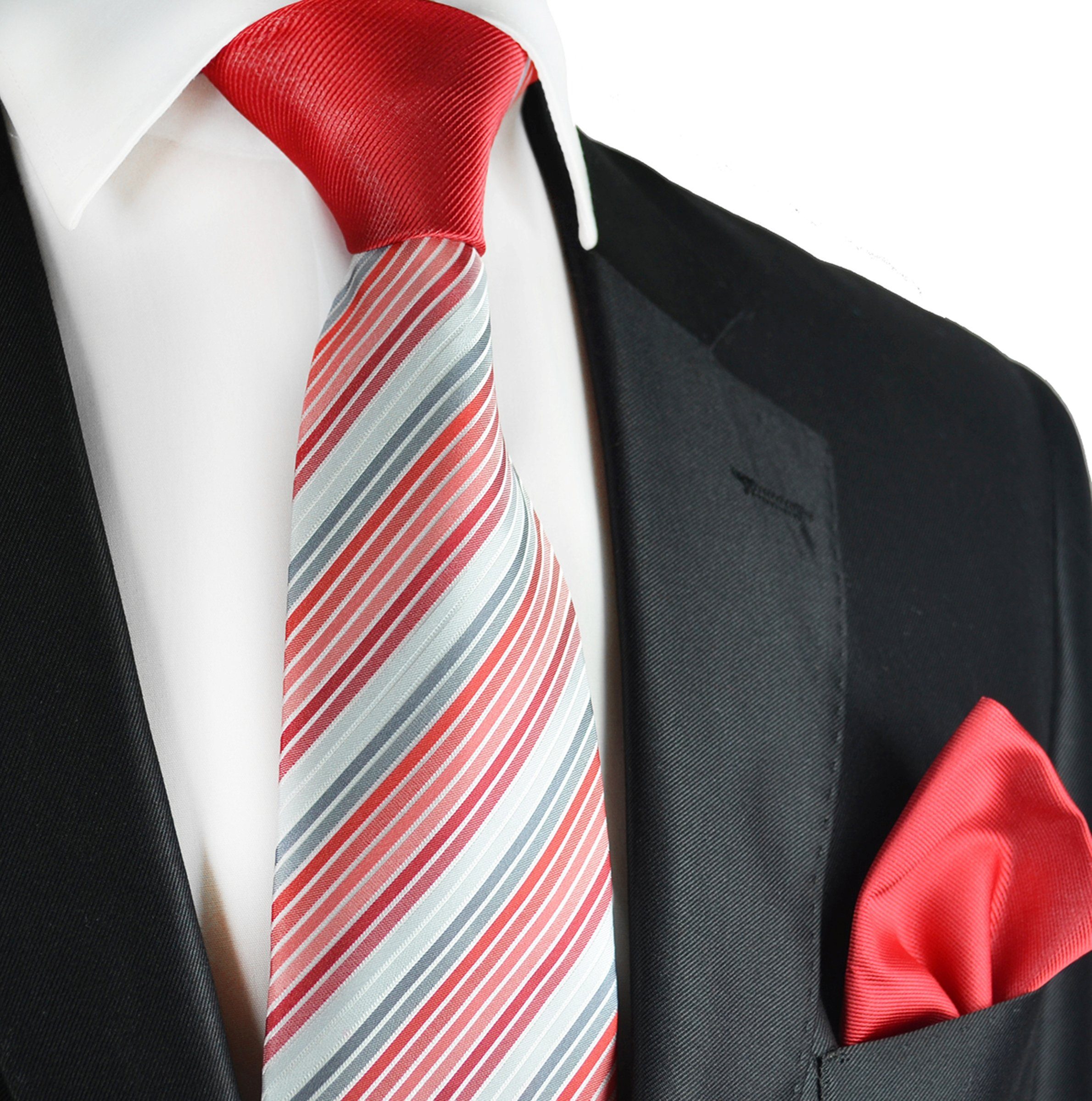 Paul Malone P7 Kontrastknoten (Set, grau mit gestreift Einstecktuch Krawatte 2-St) rot moderne Krawatte