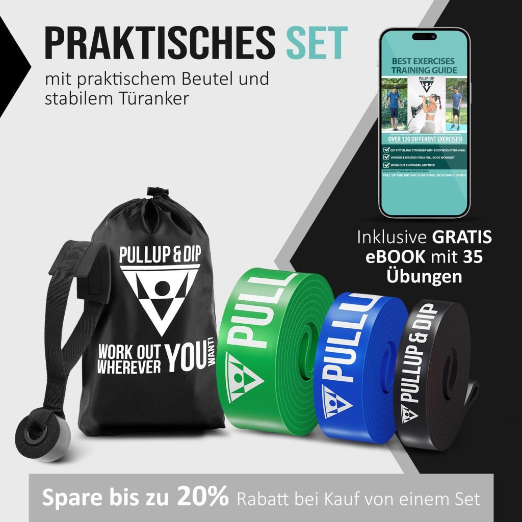 Pullup & Dip Trainingsband Fitnessbänder mit Tasche, Türanker (bei Sets) und Übungsguide