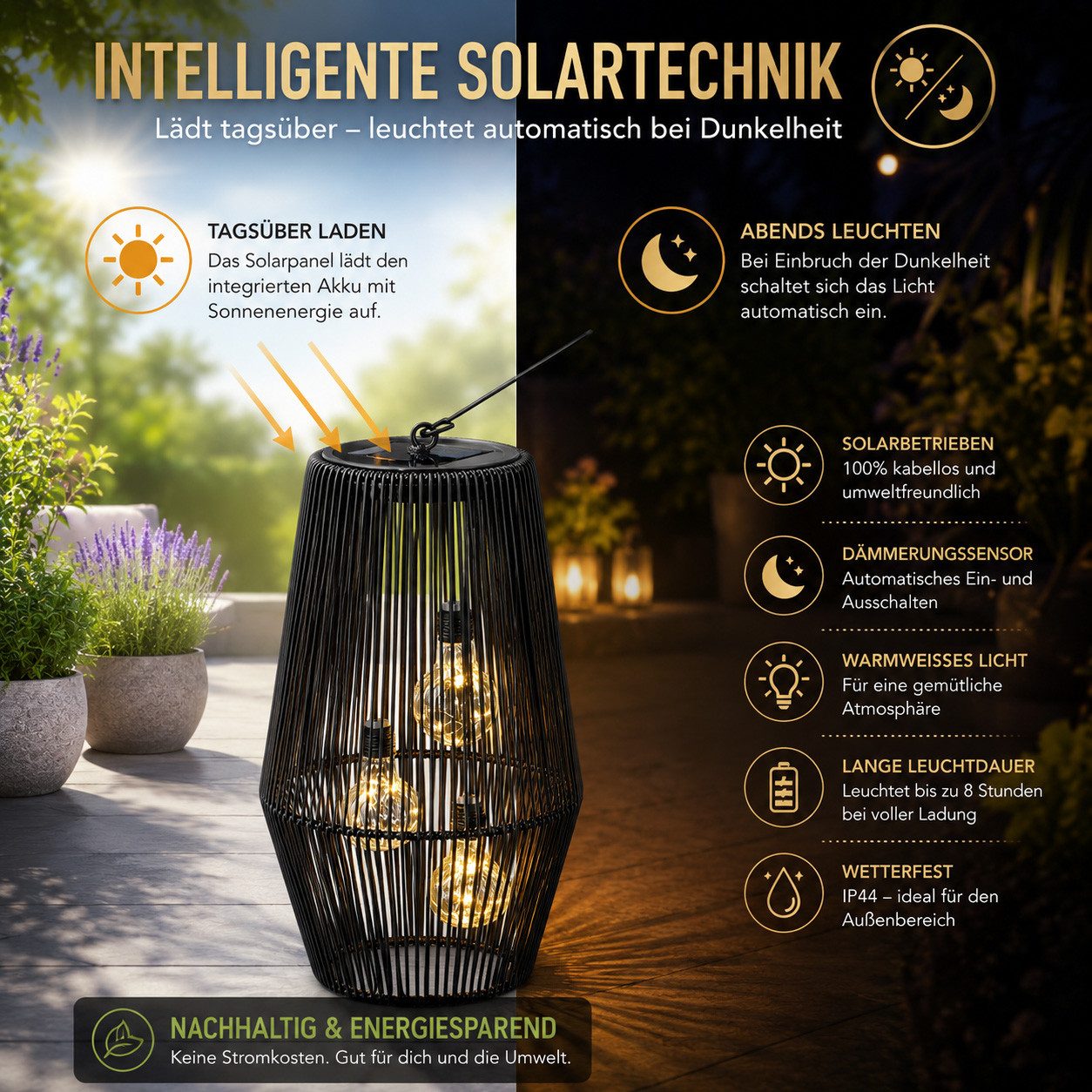 formano LED Laterne Solarlaterne Außen Garten Rattan Look Laterne 45 cm schwarz, LED fest integriert