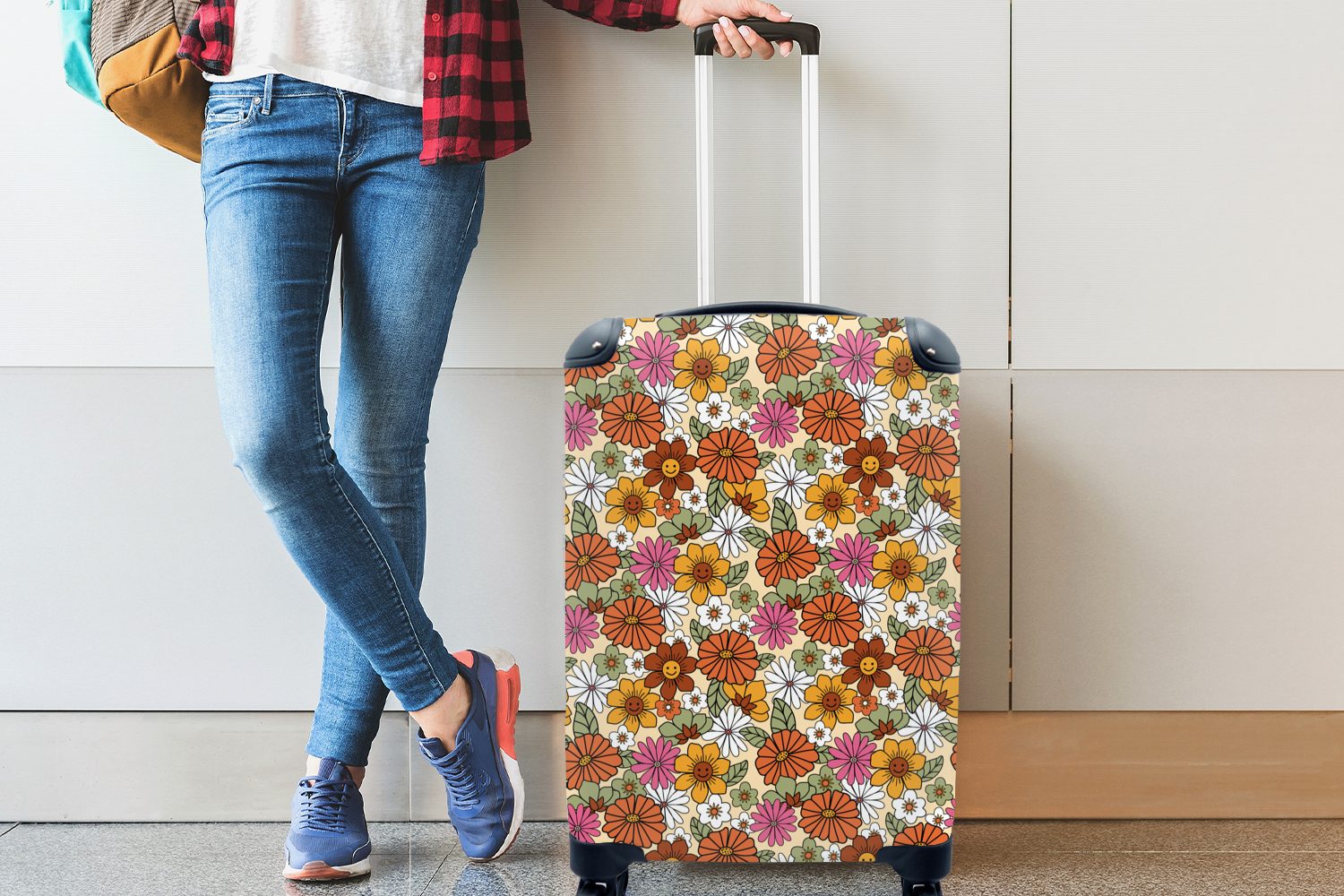 4 - Trolley, Vintage Reisekoffer Muster, für Rollen, MuchoWow - Reisetasche Handgepäckkoffer mit rollen, Blumen Handgepäck Ferien,
