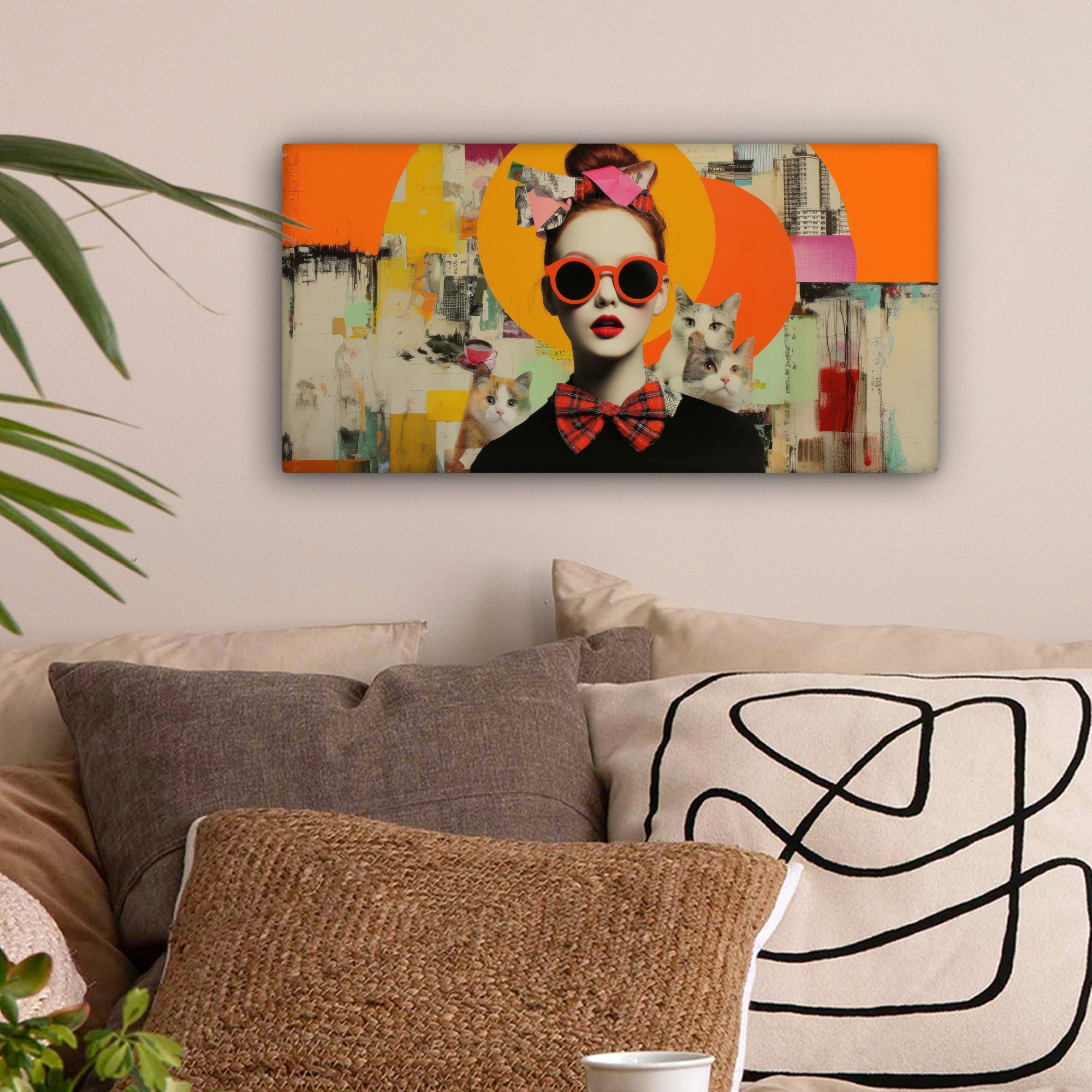 OneMillionCanvasses® Leinwandbild Panorama Frau - Brille - Fliege - Retro, Fotodruck (1 St), Wandbild, Deko Schlafzimmer Wohnzimmer Flur 40x20 cm