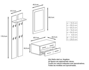 Vladon Garderoben-Set Kioto, (Garderobenset bestehend aus 1 Hängeschubkasten, 3-St., 1 Wandspiegel und 2 Garderobenpaneele), Weiß matt (170 x 35 x 200 cm)