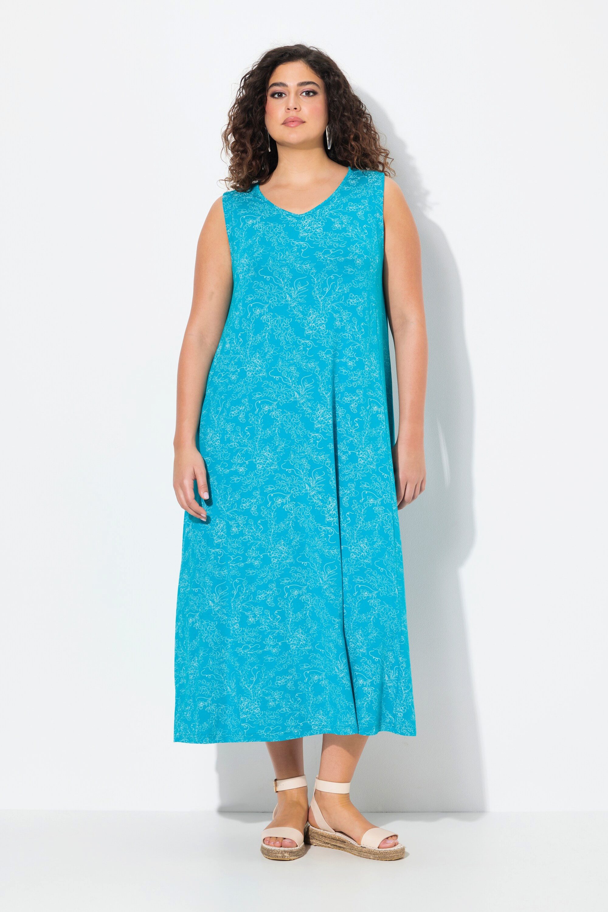 Ulla Popken Maxikleid Maxikleid gemustert A-Linie V-Ausschnitt ärmellos günstig online kaufen