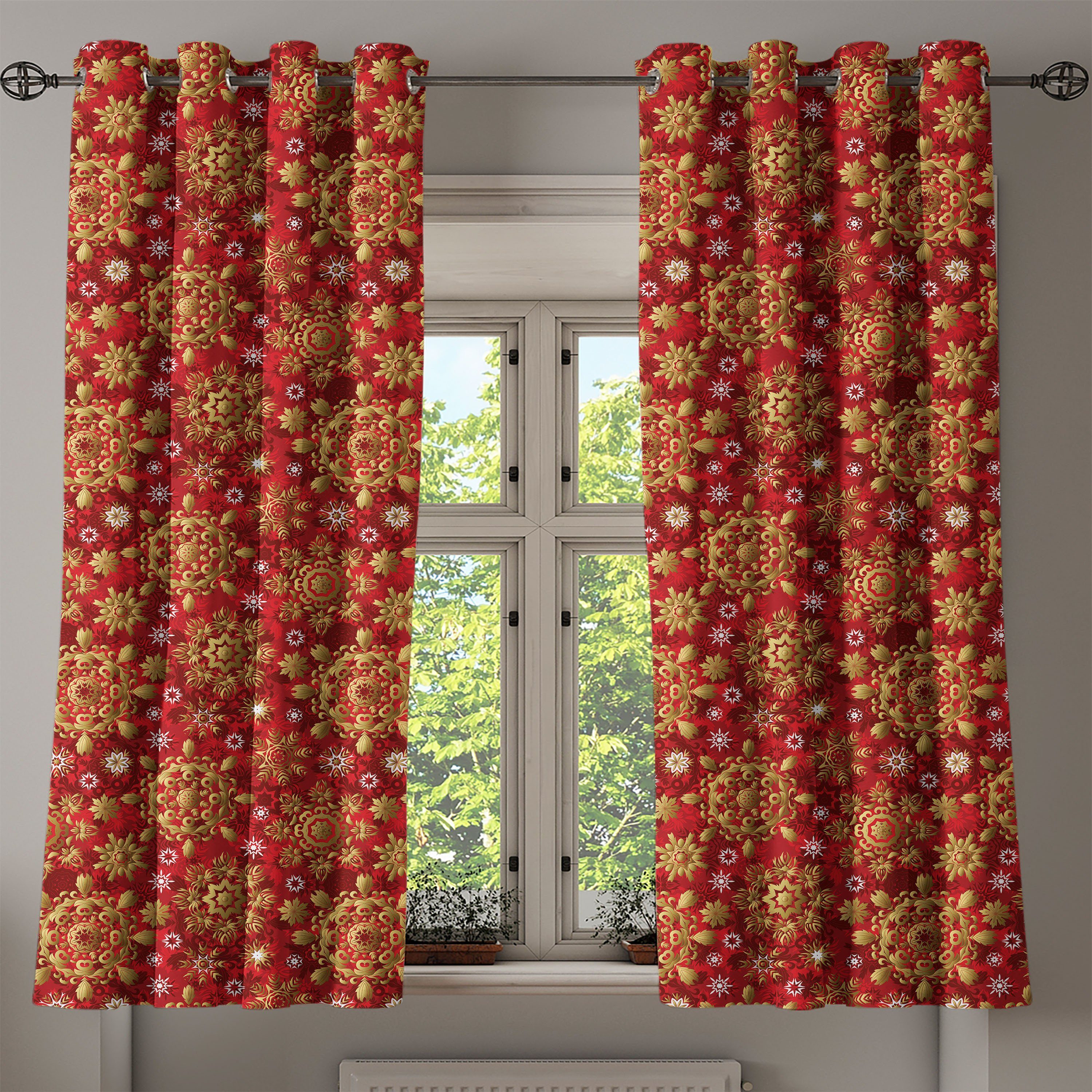 Abakuhaus, Red Gardine für Dekorative Schlafzimmer Wohnzimmer, Flora Mandala Ornament 2-Panel-Fenstervorhänge Weihnachten