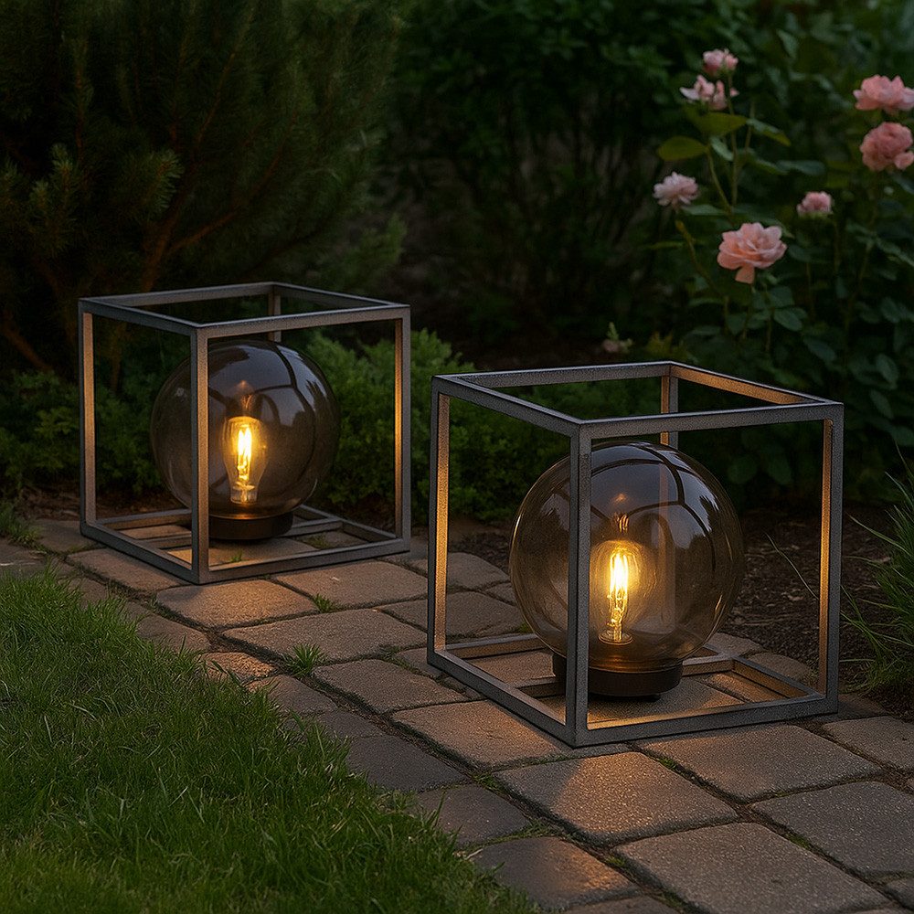 GLOBO LIGHTING LED Solarleuchte, LED-Leuchtmittel fest verbaut, Warmweiß, Solarleuchte Außenlampe Würfel nickel Kugelleuchte rauch Gartenlampe