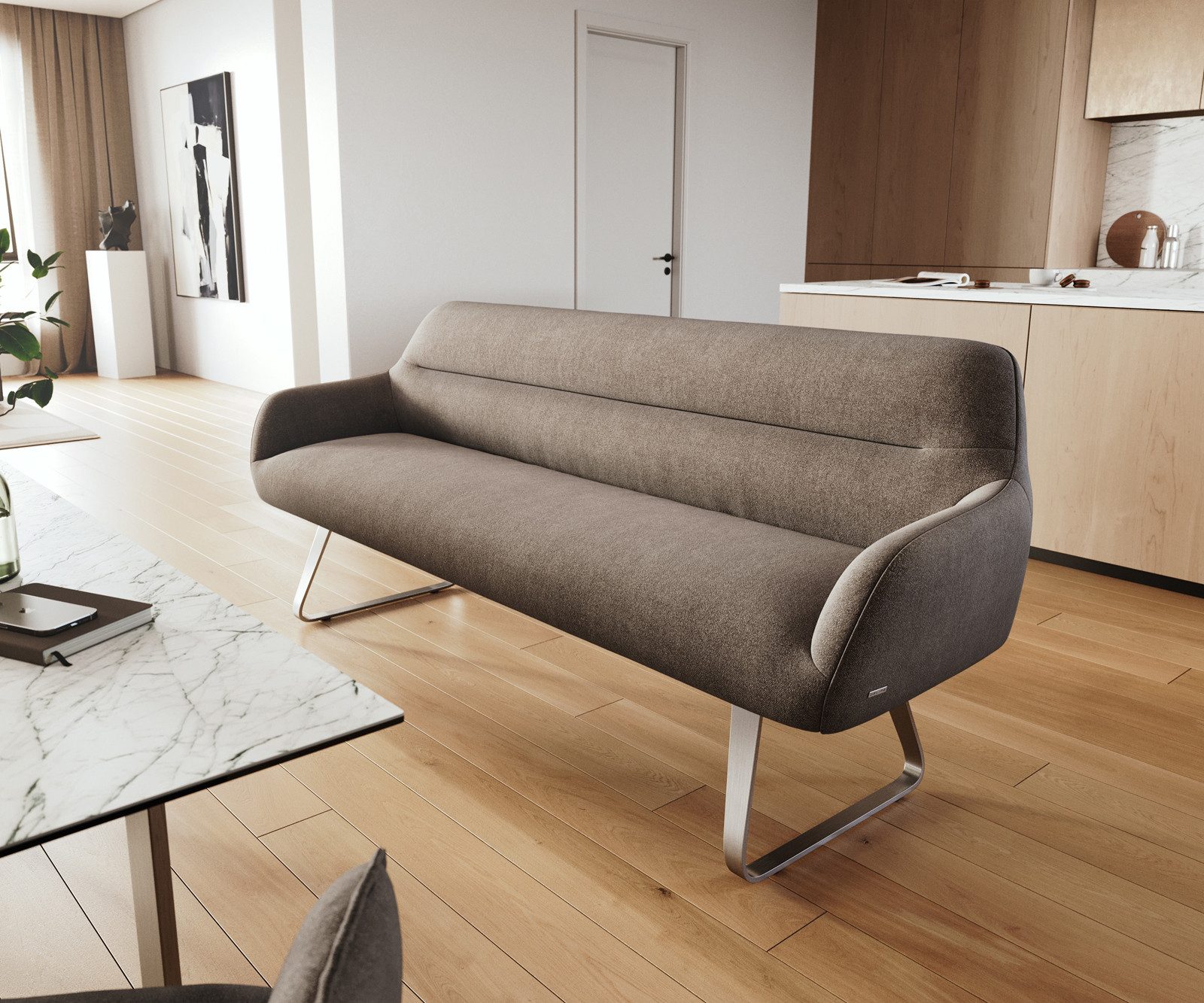 DELIFE Essbank Taya-Flex, 200 cm Kufengestell flach Edelstahl Strukturstoff Soft Taupe Taschenfe