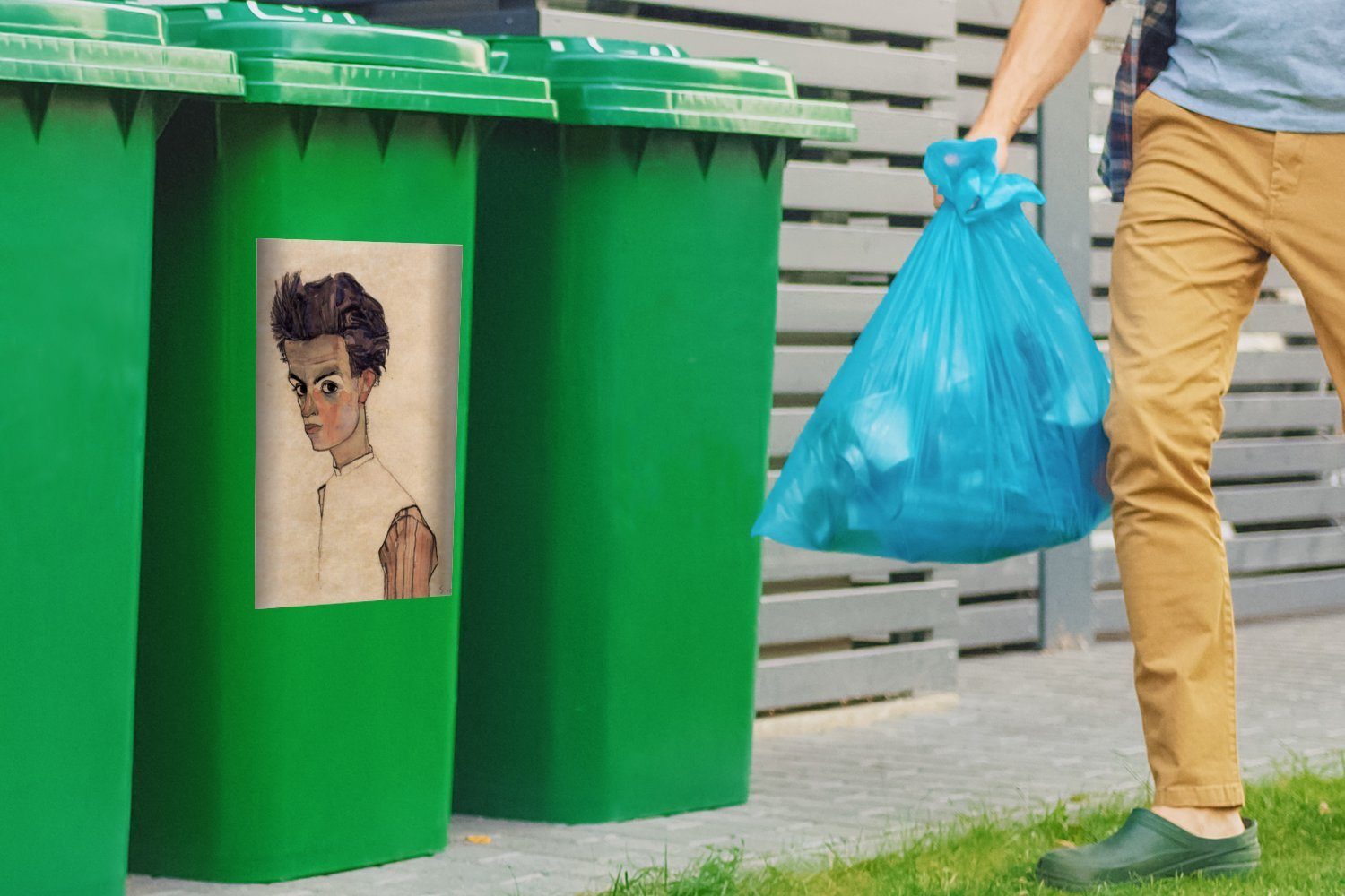 Abfalbehälter Hemd Mülltonne, gestreiftem St), Sticker, Container, Egon mit (1 Schiele MuchoWow Wandsticker - Selbstporträt Mülleimer-aufkleber,