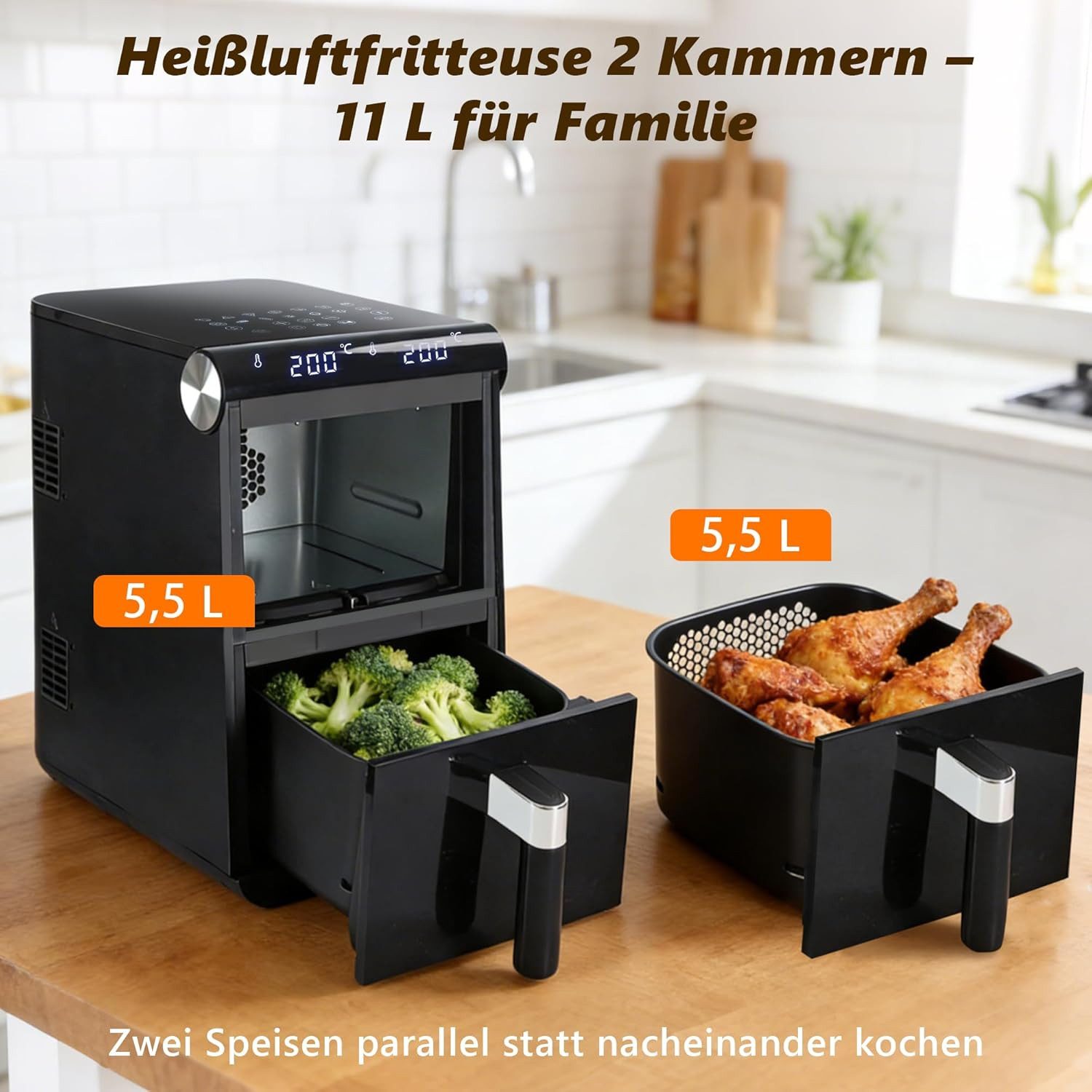 ZMH Heißluftfritteuse XXL Doppelkammer Airfryer 11L mit 13 Kochprogramme Dual Zone, 2800 W, 2 x 5,5L Heissluftfritteuse mit Sichtfenster, Touchdisplay, Ohne ÖL
