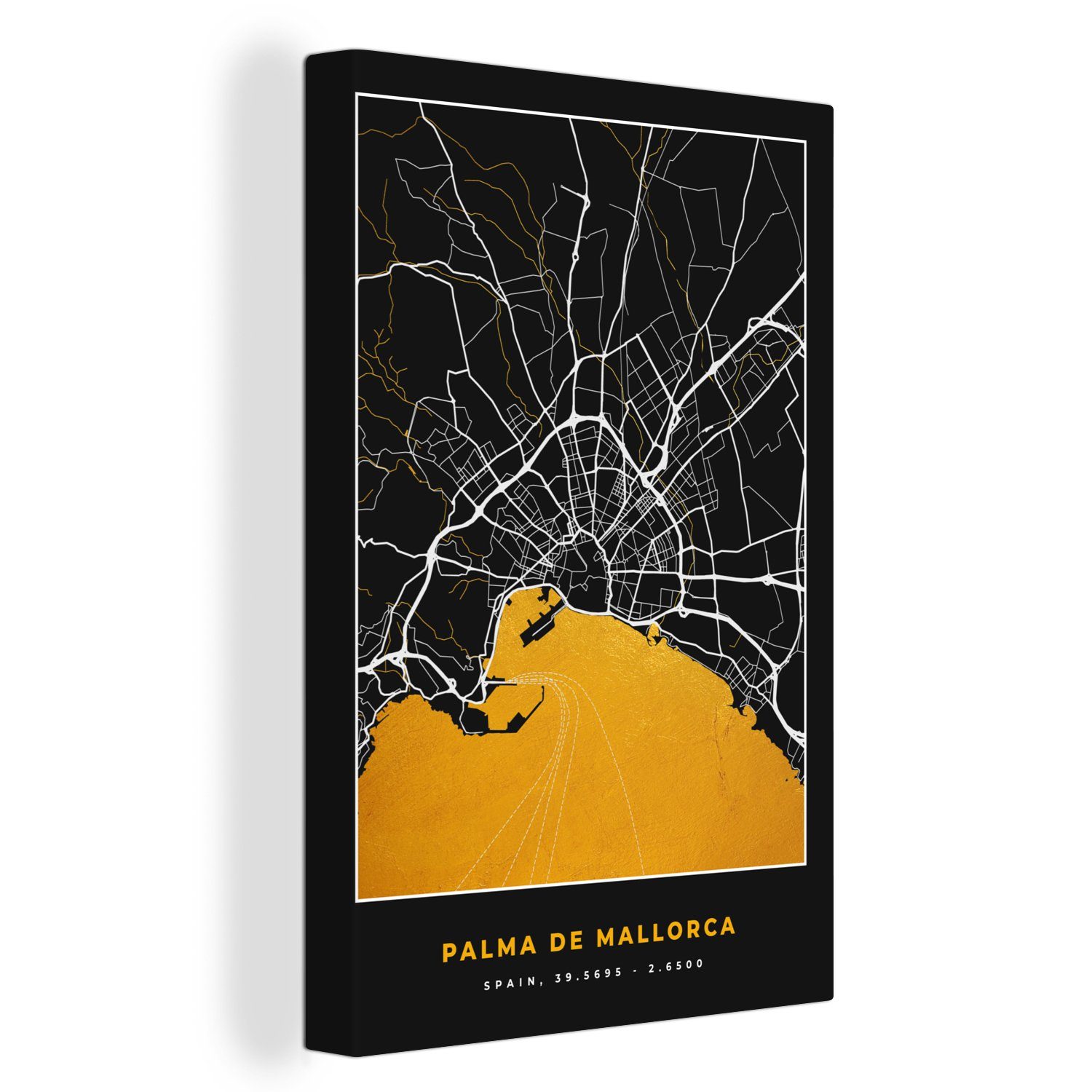OneMillionCanvasses® Leinwandbild Mallorca - Stadtplan - Gold - Karte, (1 St), Leinwandbild fertig bespannt inkl. Zackenaufhänger, Gemälde, 20x30 cm