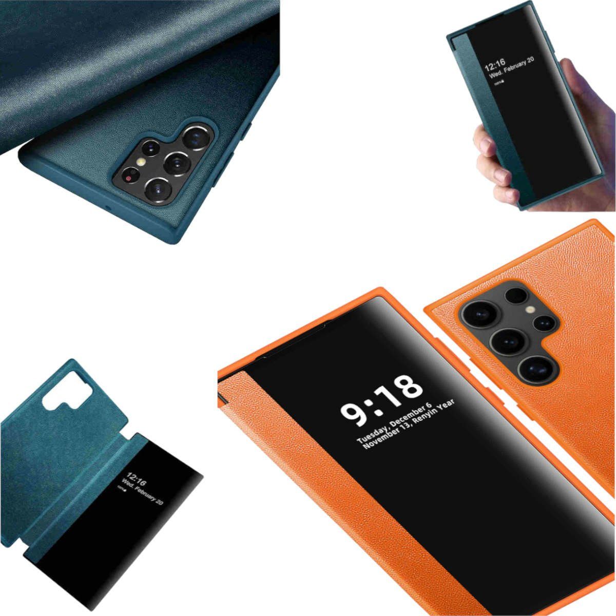 Handyhülle Für Samsung Galaxy S24 Ultra View Spiegel Smart Cover Wake UP Orange
