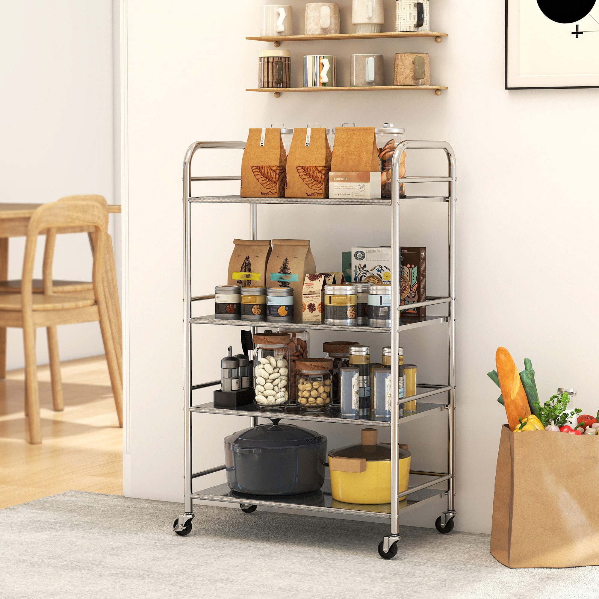 HOMCOM Küchenwagen Rollwagen Servierwagen aus Edelstahl für Wohnzimmer Küche Bad Büro, (Set, 1 St., 1), 4 Ebenen, höhenverstellbare Regale, max. 50 kg
