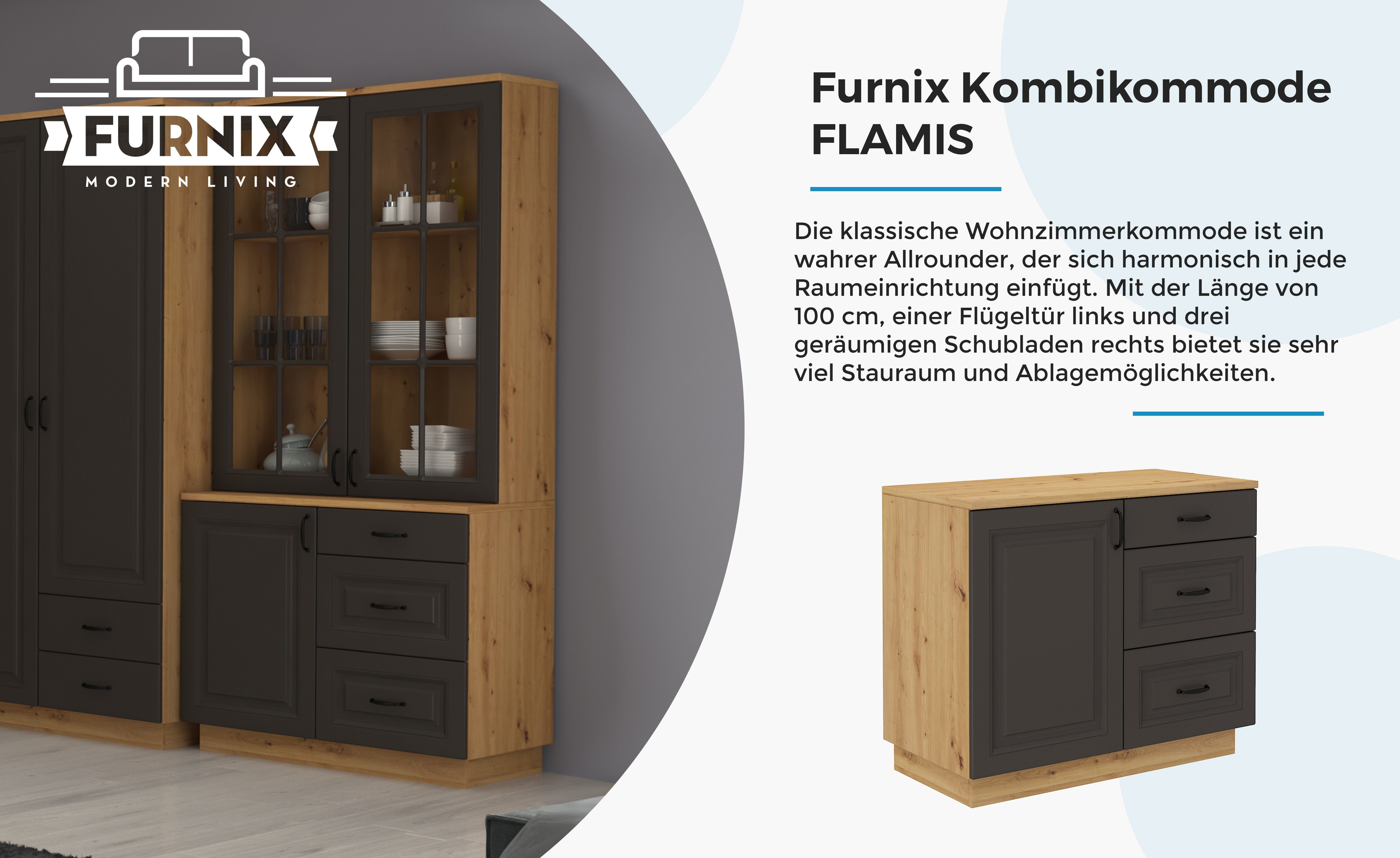 und x FLAMIS Wohnzimmer-Kommode H84 Graphit/Artisan 3 Sideboard, T50 mit Tür, B100 x Schubladen Furnix cm Kombikommode