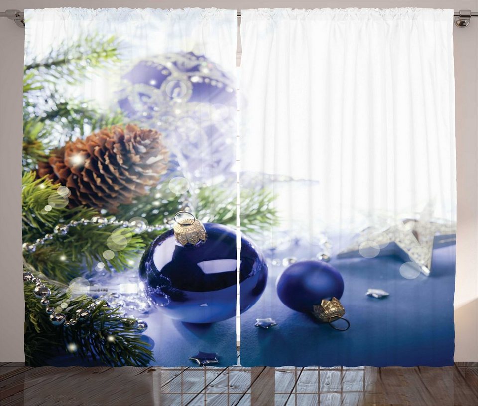 Gardine Schlafzimmer Kräuselband Vorhang mit Schlaufen und Haken,  Abakuhaus, Weihnachten Blau getönten Zier