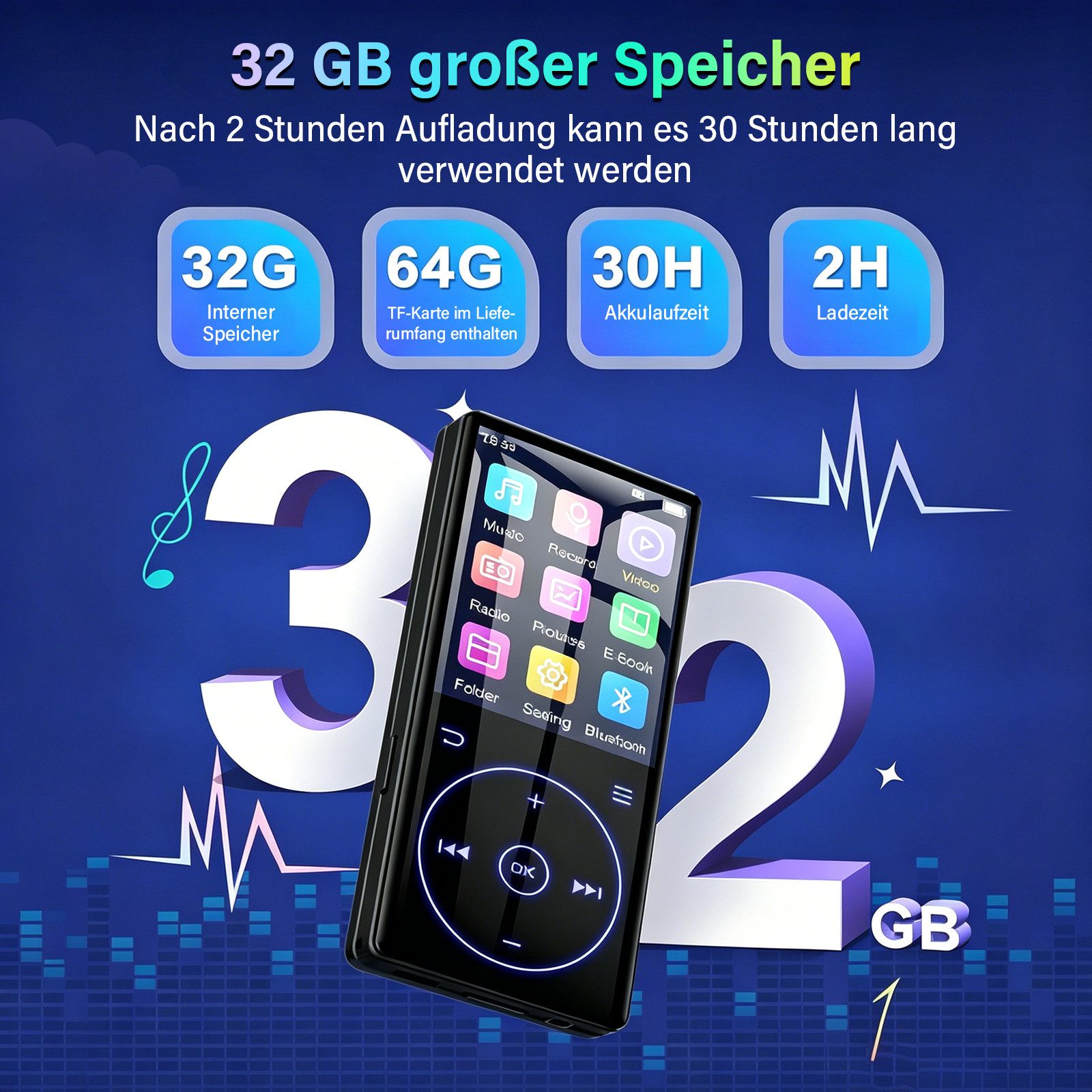 MOPUEA Tragbarer Musikplayer mit Touch-Tasten verlustfreiem HD-Lautsprecher MP3-Player